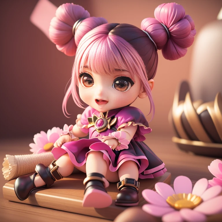 Cute Baby Chibi selena mobile legend,(((Chibi 3D))) (Best Quality) (Master Price)、(Chibi :1.3)、Sitting on smoky pink flowers、specimen、houseplant、Open your mouth and smile