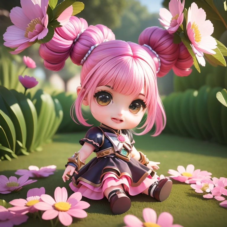 Cute Baby Chibi selena mobile legend,(((Chibi 3D))) (Best Quality) (Master Price)、(Chibi :1.3)、Sitting on smoky pink flowers、specimen、houseplant、Open your mouth and smile