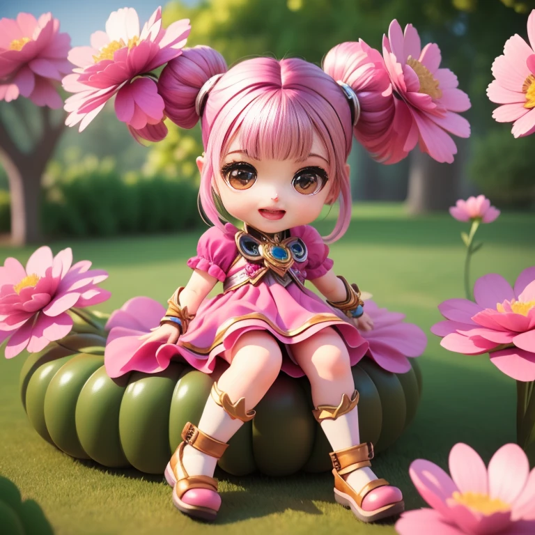 Cute Baby Chibi selena mobile legend,(((Chibi 3D))) (Best Quality) (Master Price)、(Chibi :1.3)、Sitting on smoky pink flowers、specimen、houseplant、Open your mouth and smile