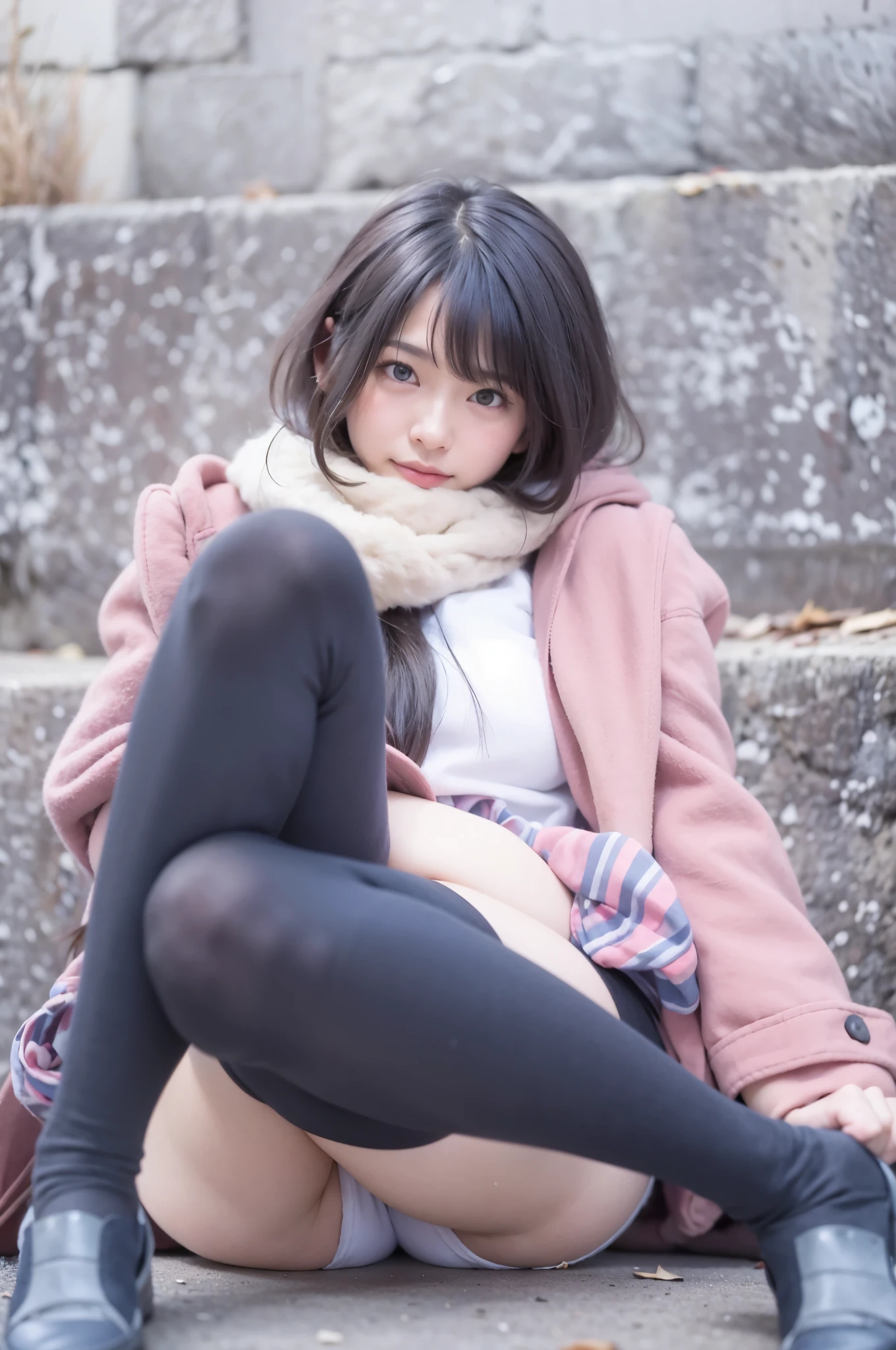 French-German woman sitting cross-legged on steps of building, the jpn girl is crouching, jpn girl in real life, Urzans, black haired girl wearing hoodie, jpn style mixed with fujifilm, jpn. gentlesoftlighting, beautiful jpn girl squatting, various poses shooting photos, Beautiful lonely girl, sat on the ground