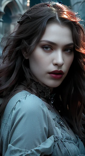 (best quality,ultra-detailed,photorealistic),young woman vampire queen, beautiful bright eyes, dark red mascara, detailed gray lips with gray lipstick, pensive expression, soft lighting,vibrant colors, long flowing Reddish hair, stylish vampire outfit, cemetery background, dark night, malign atmosphere, hourglass figure, 4k details, erotic face, full body pose,