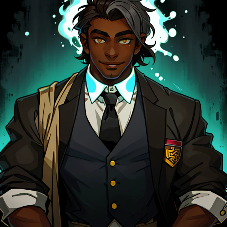 Dark skinned man with straight dark brown hair with grey streaks, mid 30&#39;s. Wears a white button up shirt with a black tie and vest. Sweet smile. Anime art style. bright yellow eyes that glow.