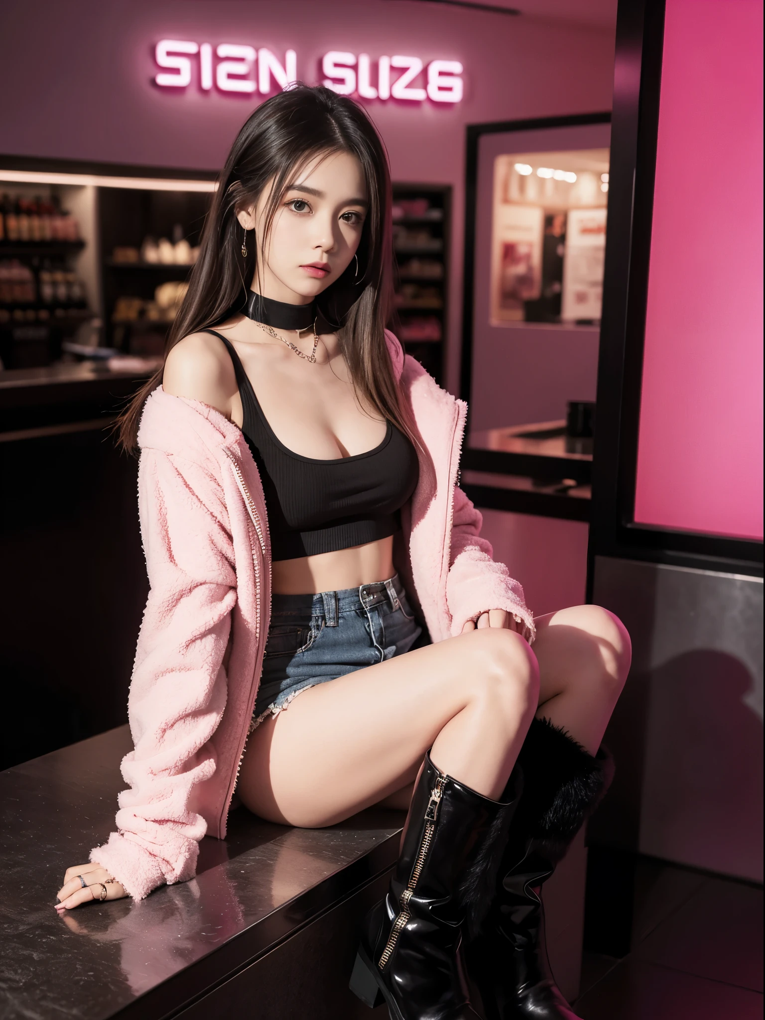 tanktop, fur jacket, miniskirt, pantyhose, boots, piercing, choker, ring, store, pink neon