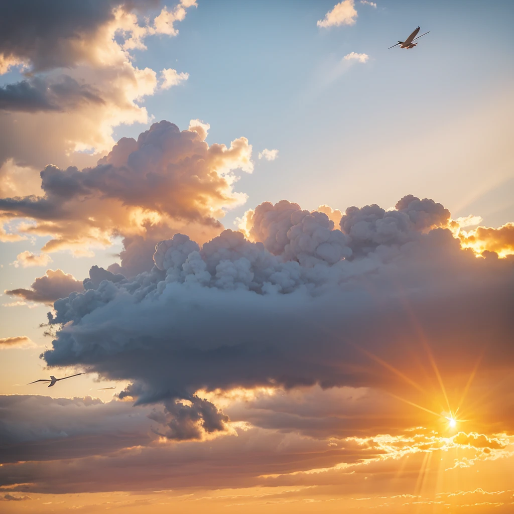 The setting sun reflects the floating clouds,In the clear sky, cranes are flying straight up into the clouds