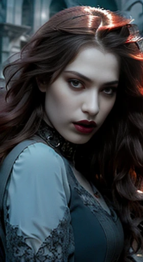 (best quality,ultra-detailed,photorealistic),young woman vampire queen,beautiful bright red eyes, detailed lips, green lipstick, vampire like makeup, pensive expression, soft lighting,vibrant colors, long flowing Reddish hair, stylish vampire outfit, cemetery background, dark night,serene atmosphere, hourglass figure, 4k details, erotic face, full body pose, shown vampire teeth