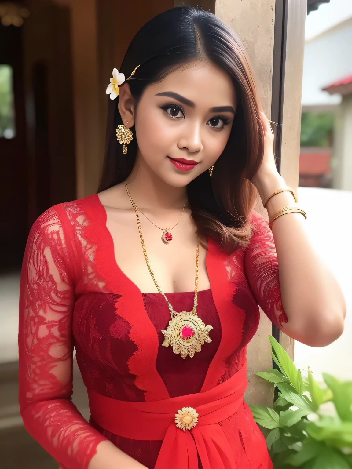 photography, woman, close up portrait of woman wearing polite kebaya_bali in red long kebaya dress traditional, red lipstick, golden necklace, earrings, ornate, detail, flowers, blurry background, soft focus