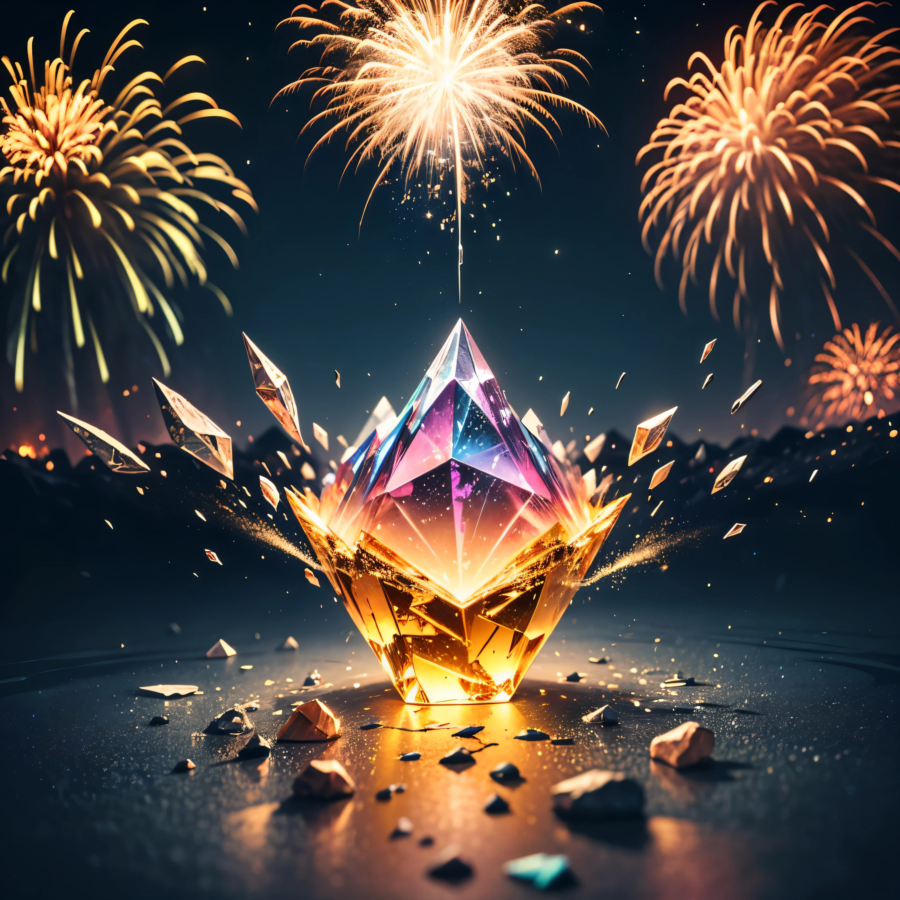 A large diamond with magical qualities, magical colors, bright glimmering fireworks in the background, in a vibrant and mesmerizing display of light and color. (best quality, highres, ultra-detailed), (precious stone, gemstone, diamond), (shattered, broken), (sparkling, glimmerinagical), (glitter, particles), (vibrant colors), (mesmerizing light), (reflections, refract light), (shadows, contrast), (crystals), (shards, fragments), (intricate details), (rich textures), (mystical aura) (8k) (uhd)