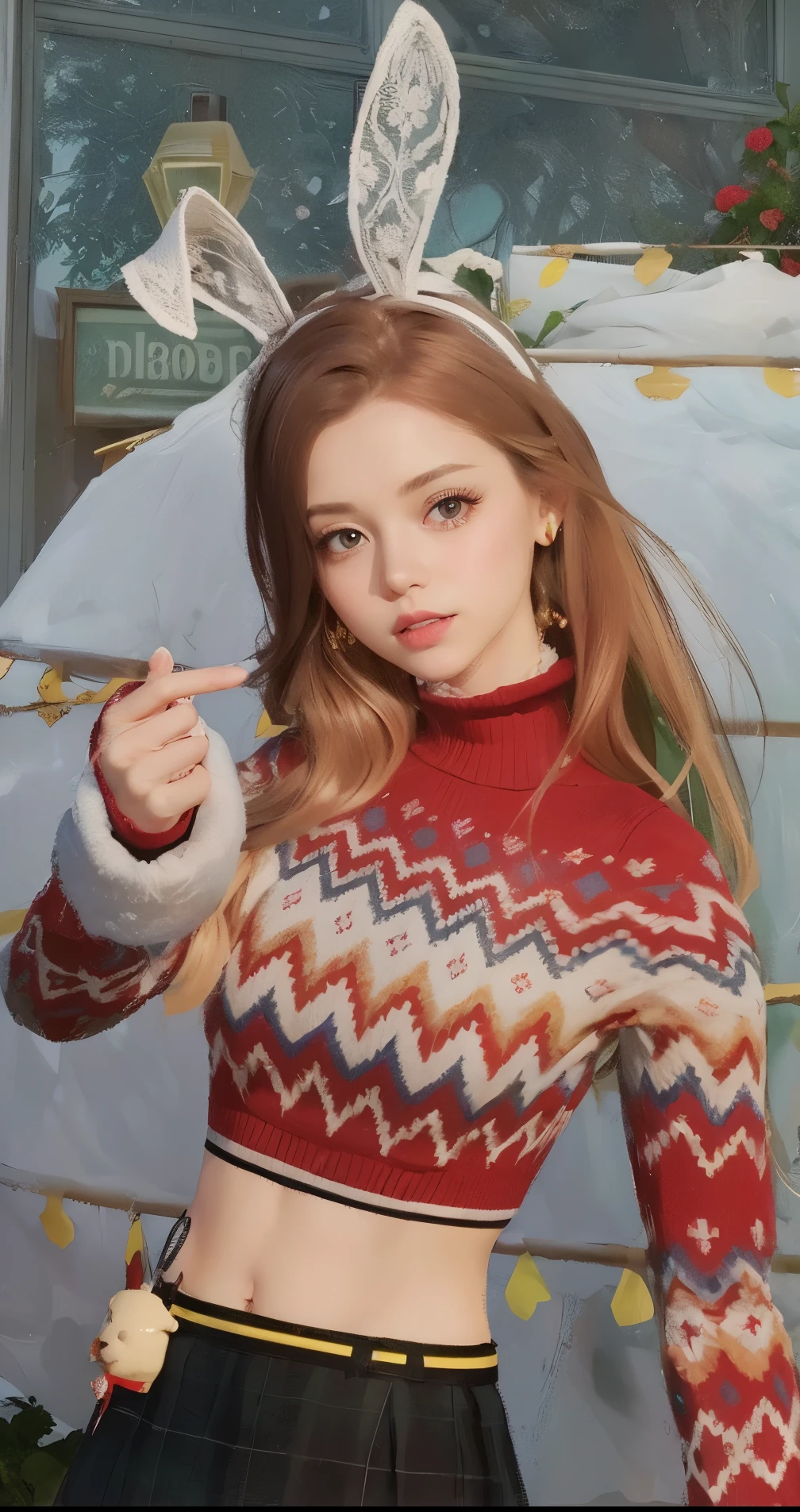 Photorealistic a standing girl, love sign hand, stunningly beautiful, white rabbit headband, wearing a red turtleneck sweater, (top-quality, 8K, 32K, ​masterpiece, nffsw:1.3), A high resolution, (Photorealsitic:1.4), Raw photography, Detailed face, wavy long brown hair, ((girl style)), Black skirt, Natural makeup, Perfect Lighting, depth of fields, Beautiful shadow gradient,