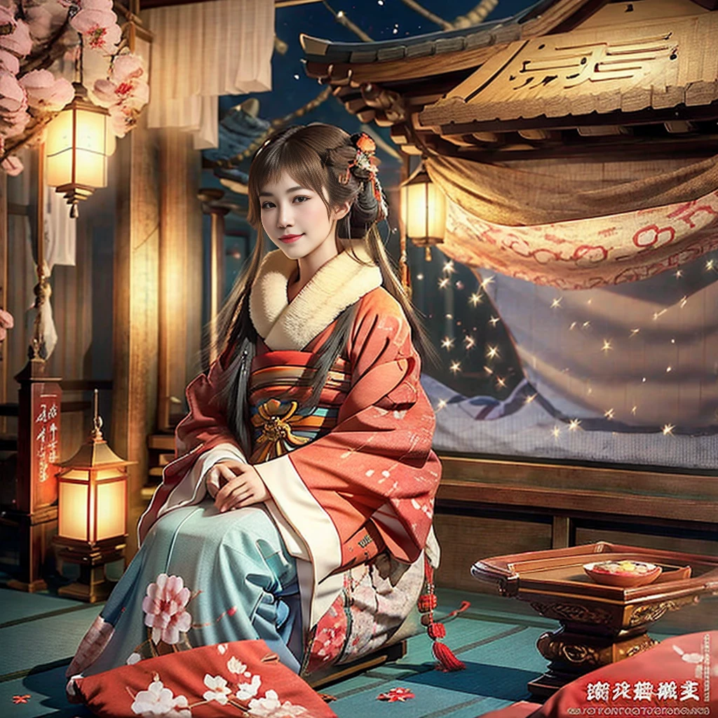 winter new year event announcement poster, (Best Quality,Photorealistic),Solo,beautiful japanese female,Traditional kimono,Natural posture,Gentle smile,Impressive gaze,Traditional hairstyle,Tatami room at dusk,Sitting by the window,Illuminated by city lights,(Engaging pose),Professional Photographer,Shallow depth of field,Backlight, Leaning forward, In a pose that looks like sitting straight facing the front., Hands on the floor, Tilt your head and look up, Smiling face, I would like to thank the viewers., within the screen「Wish you a happy new year！」enter the text characters of