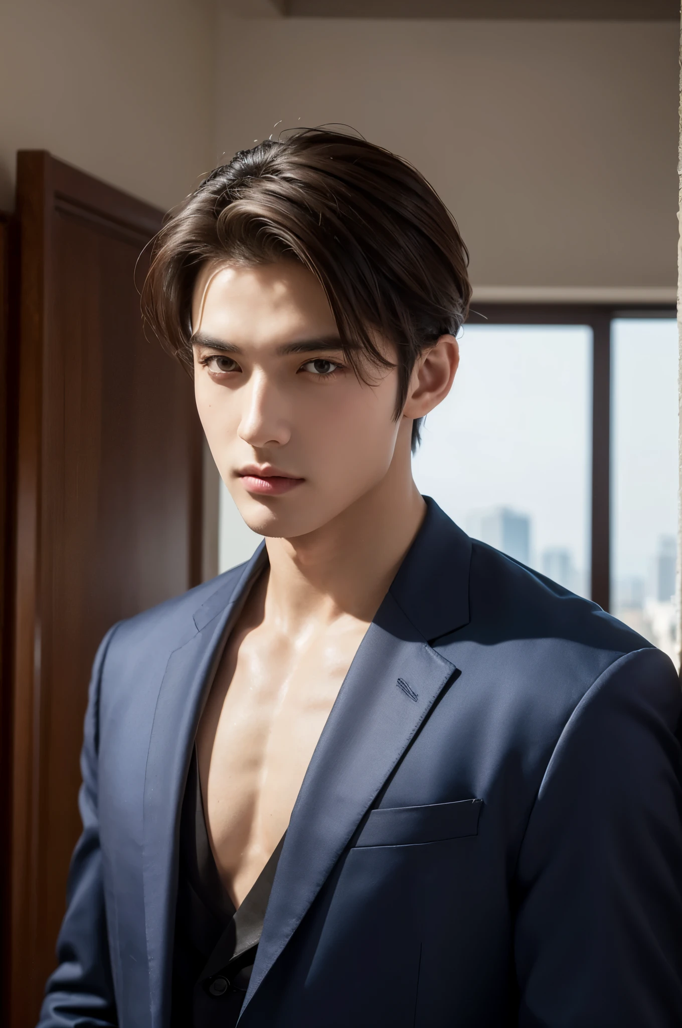 male people,Office room,buisness suit,Colored inner hair,  opens his eyes wide, contemplative, Brown hair, Asymmetrical hair, high detal, lightand shade contrast, 电影灯光, 超k hd, high detals, 4K, 1080p,Blue suit,21-year-old Italian male model, handsome italian, Cute look, Divine appearance, with a determined look in his eyes,Strong jawline, male people, Muscular, Absolutely fits the body, dark strong blue eye, short detailed hair细节,smooth jaw,电影灯光, depth of fields, award winning photography, Elegant, hyper realisitc, Octagon rendering, not real, k hd, 8K分辨率, The content is very detailed, 8K超k hd, profesional lighting, フォトンマッピング, Radio City, physically-based renderingt,facing at the camera,Look up,Self-confident,noble,Clean face,short detailed hair