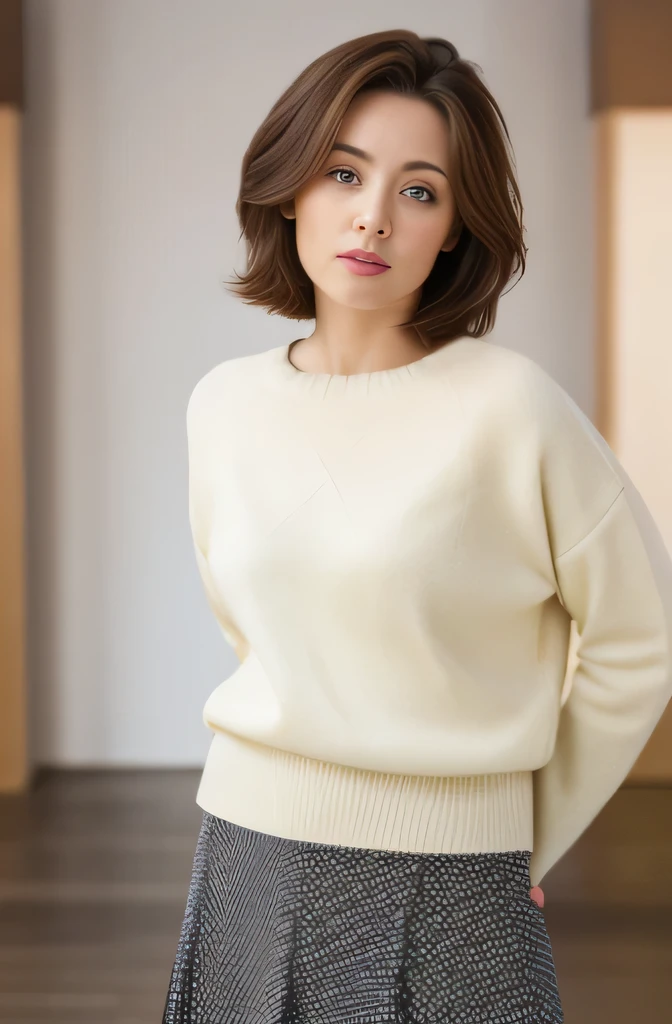 masuter piece, top-quality, ​masterpiece, hight resolution, Photorealsitic, Raw photography, 8k wallpaper, flawless, profetional lighting, ighly detailed, depth of fields,Pale solid color background, ((One beautiful woman)), ((30-years old)), Female sexy, Detailed face, beautidful eyes, bangss, small breasts of good shape, light brown short straight hair, Faint lips, ((standing at front、Staring at the viewer&#39;serious face eyes.)),Sweaters, skirt by the, foot out of frame