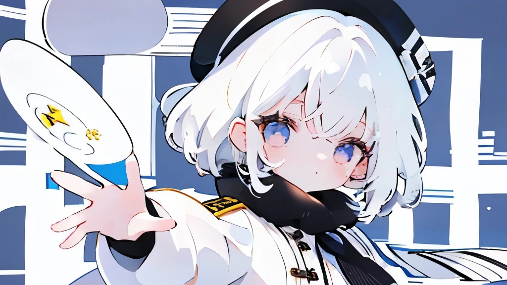 white  hair、Viola、White knitwear、Black beret、girl with、Medium Hair、reaching out,