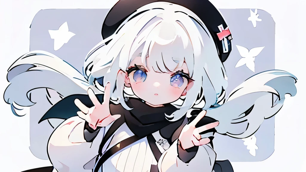 white  hair、Viola、White knitwear、Black beret、girl with、Medium Hair、reaching out,