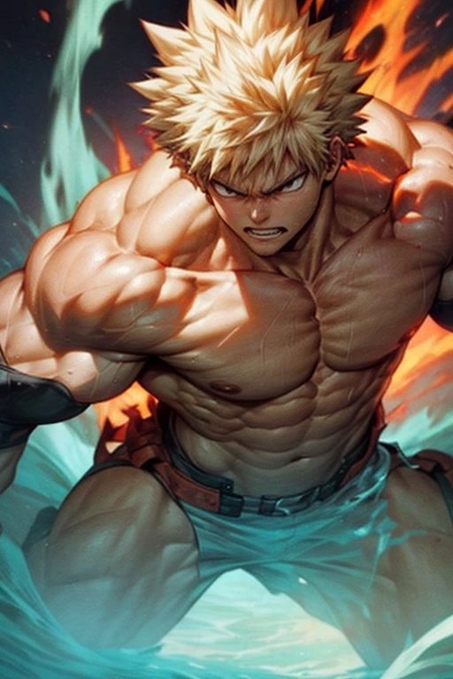 Muscular Bakugou Katsuki burning in hell