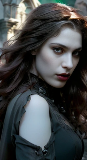 (best quality,ultra-detailed,photorealistic),young woman vampire queen, beautiful bright eyes, dark red mascara, detailed gray lips with gray lipstick, pensive expression, soft lighting,vibrant colors, long flowing Reddish hair, stylish vampire outfit, cemetery background, dark night, malign atmosphere, hourglass figure, 4k details, erotic face,  full body pose,