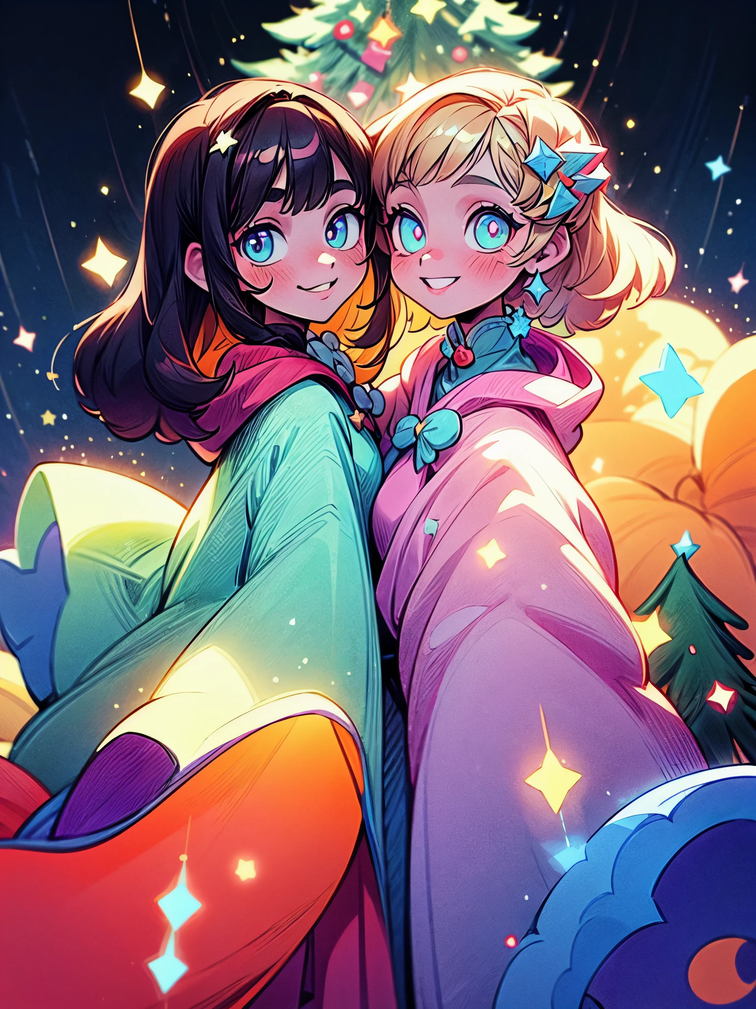 art of two beautiful girls; one girl is tall with long dark hair, the other girl with short blond hair is shorter; in a Christmas costumes with garlands and magic crystals; smiles calmly; dreamy colors; glowing around; winter, Christmas atmosphere; colorful background; neon snow magic; symmetrical eyes; symmetrical nose; black symmetrical pupils; Christmas tree; garlands; detailed magic winter city background; magic warm lights; UHD; 128k