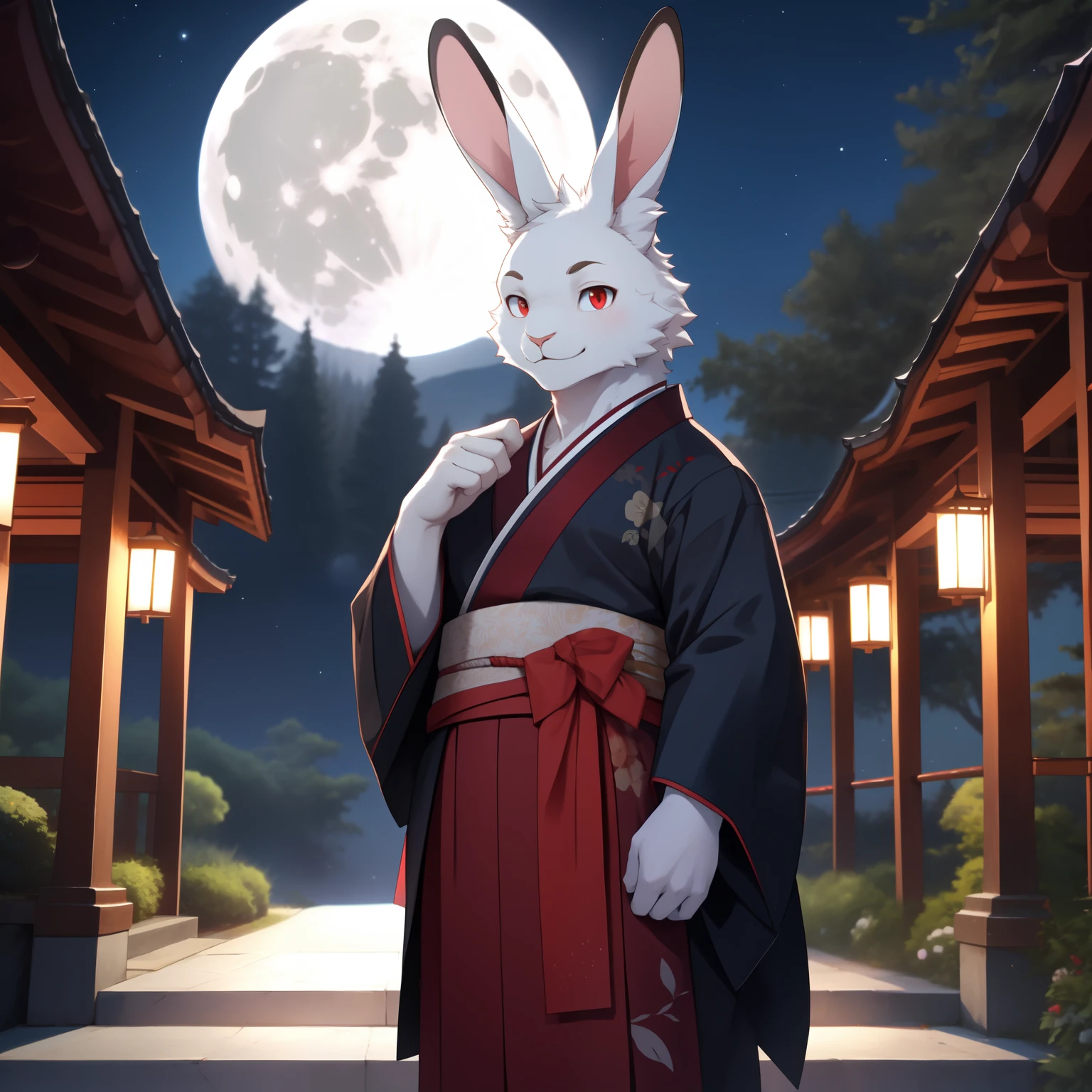 (((perfect anatomy))), (((best quality))), ((ultra detailed)), ((high resolution)), ((UHD)), ((8k)), (((super detailed skin))), (((accurate body, accurate face, accurate eyes))), ((careful eyes:1.2)), ((accurate eyes)), 
solo, ((white rabbit)), guy, 18 years old, curvy, smiling, red eyes, smile, (drooping ears:1.4), rabbit tail, 
kimono, 
standing, hand_up,
outdoors, night, moon, perfect shrine, 
hyperrealistic:1.5, 
(upper body:1.4),