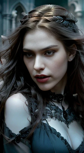 (best quality,ultra-detailed,photorealistic),young woman vampire queen, beautiful bright eyes, dark red mascara, detailed gray lips with gray lipstick, pensive expression, soft lighting,vibrant colors, long flowing Reddish hair, stylish vampire outfit, cemetery background, dark night, malign atmosphere, hourglass figure, 4k details, erotic face,  full body pose,
