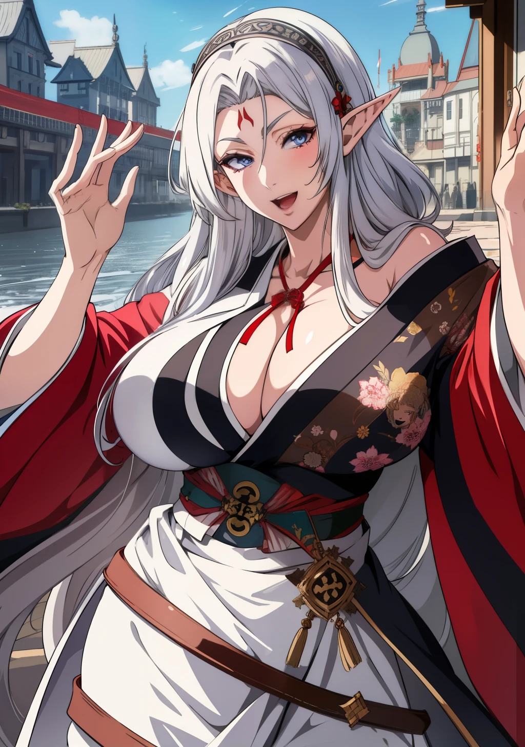 Kimono, huge tits, busty, silver hair, elf ears, beauty mark under eyes, blue eyes, long hair, intrincate details, detailed, masterpiece, best quality, 4K, HDR, shrine, gothic building, upperbody,, smile, open mouth