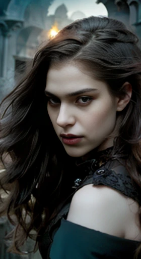 (best quality,ultra-detailed,photorealistic),young woman vampire queen in hunting prey, beautiful bright eyes, dark red mascara, detailed gray lips with gray lipstick, pensive expression, soft lighting,vibrant colors, long flowing Reddish hair, stylish vampire outfit, cemetery background, dark night, malign atmosphere, hourglass figure, 4k details, erotic face, full body pose,