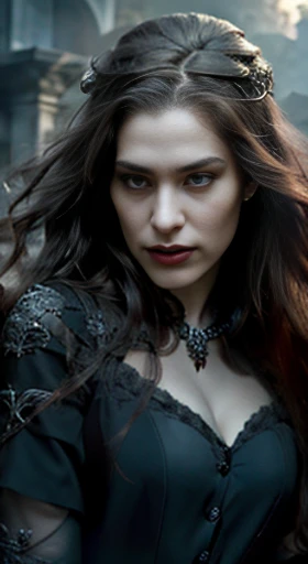 (best quality,ultra-detailed,photorealistic),young woman vampire queen in hunting prey, beautiful bright eyes, dark red mascara, detailed gray lips with gray lipstick, pensive expression, soft lighting,vibrant colors, long flowing Reddish hair, stylish vampire outfit, cemetery background, dark night, malign atmosphere, hourglass figure, 4k details, erotic face, full body pose,