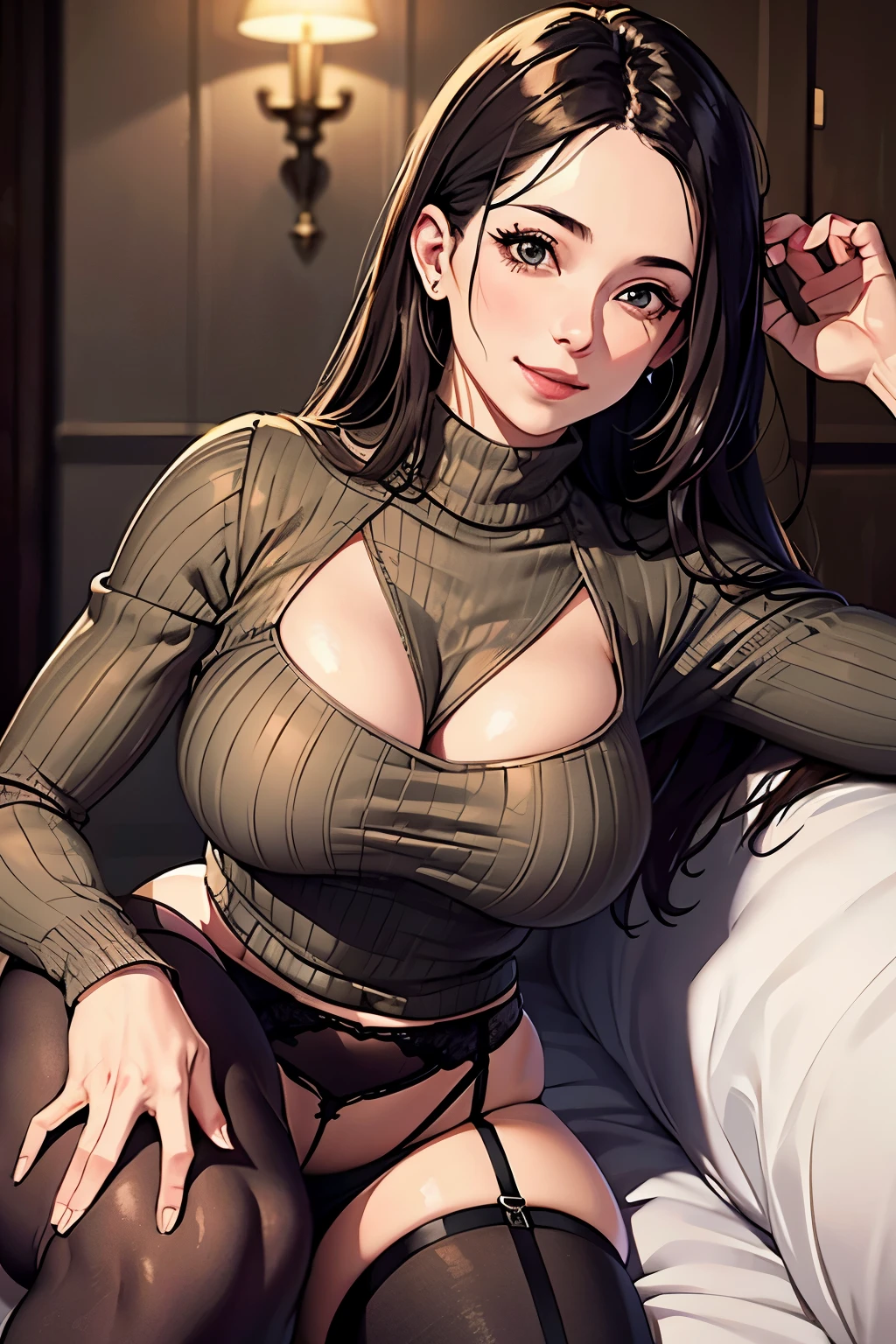 realistic, woman, turtleneck sweater wearing, garter belt wearing, sexy pose, smiling face