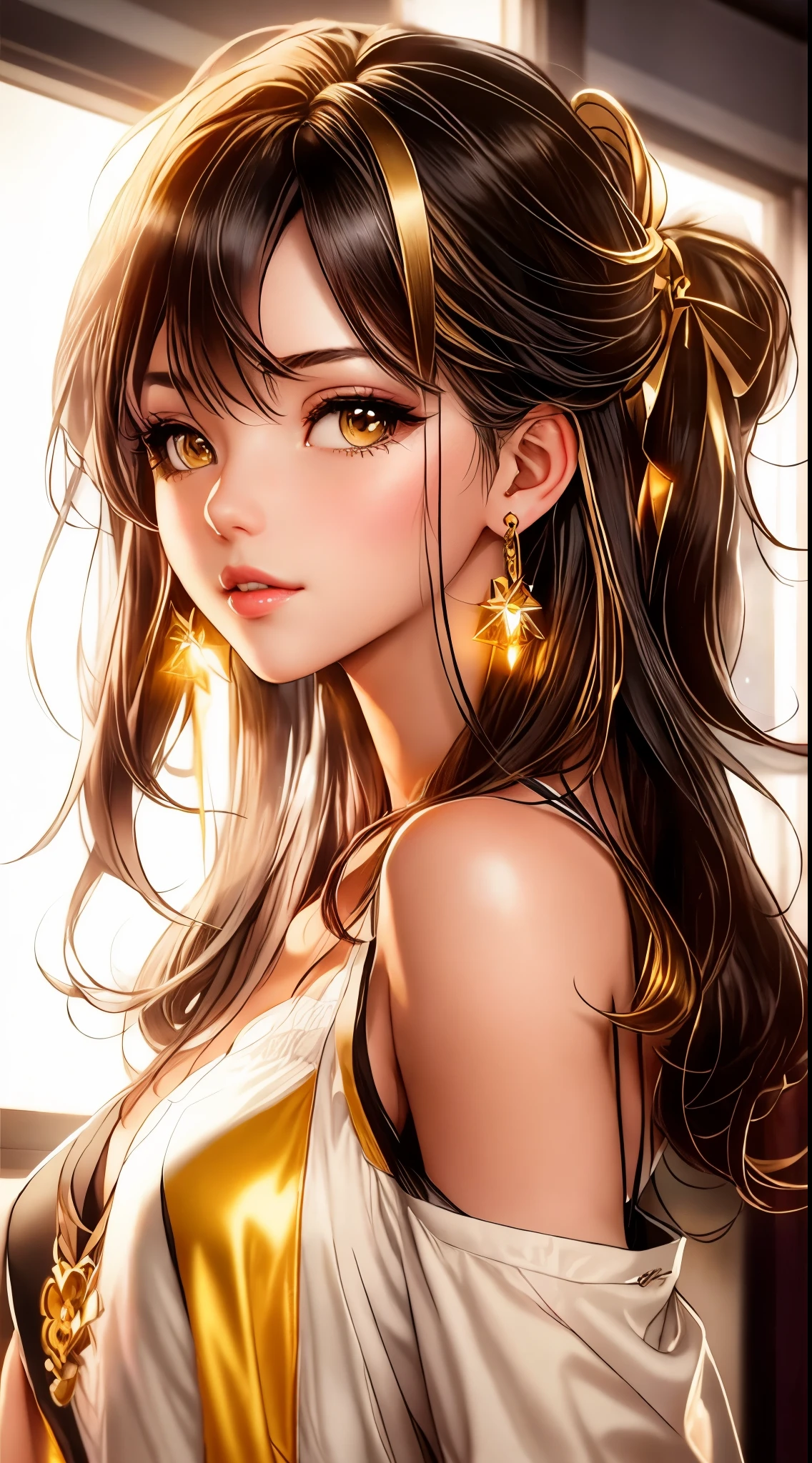 arafed image of a sexy posing together in a window, seductive tifa lockhart portrait, tifa, tifa lockhart, tifa lockheart, tifa lockhart portrait, glamorous tifa lockheart, portrait of tifa lockhart, tifa lockhart with Black and gold hair, range murata and artgerm, 8k high quality detailed art