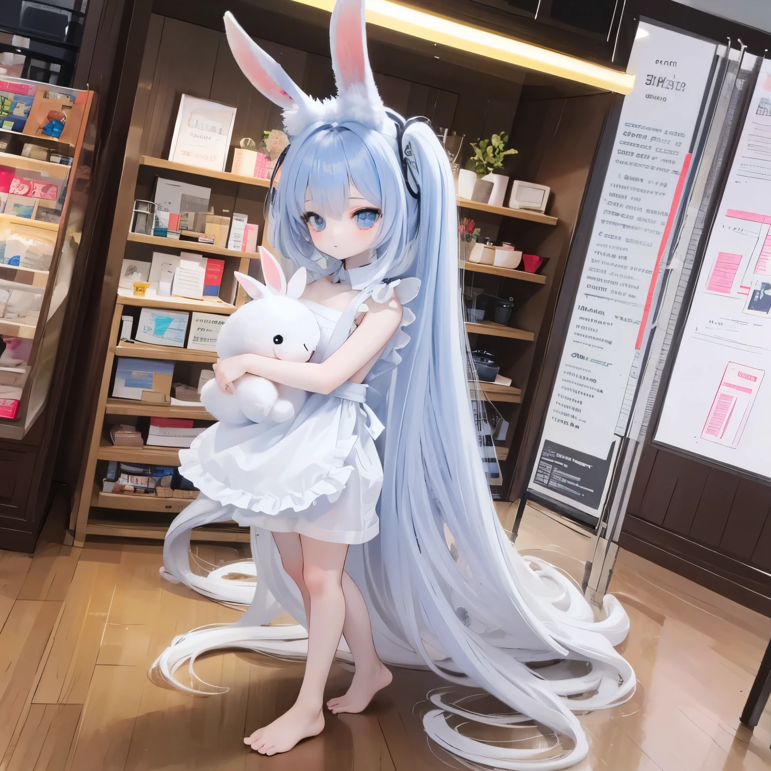 Beautiful illustration, Best quality at best, cute female , loli,ude, naked, no clothes, bare body, suspended congress, naughty maid apron, two legs, bare feet, pastel colour, rabbit ears, bunny ears, rabbit ears, petite, very long light blue hair, wavy long hair, stuffed toy, Bright lights, Light blue eyes