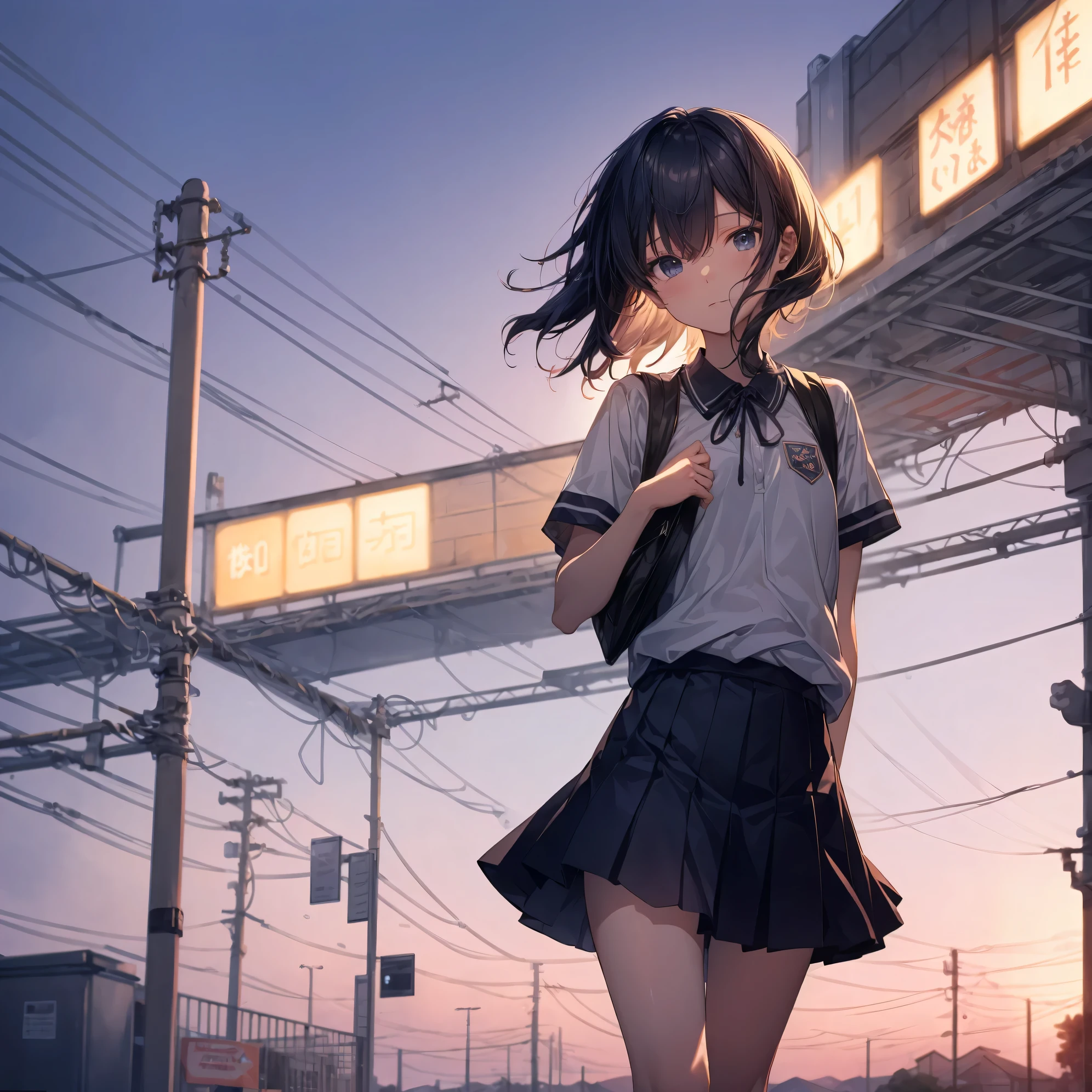 Super high quality by the art god, Ultra-detailed, High resolution, Shinkai Makoto style, anime moe art style, best anime 8K konachan wallpaper, Pixiv Contest Winner, Perfect Anatomy, BREAK,(Please draw a sleepy girl going to school alone.. ),BREAK, a hyperrealistic schoolgirl, (Solo,Lori,child,13years:1.3),Full limbs, complete fingers,a junior high school student, Androgynous attraction, (extra very short hair), hair messy, flat and soft chest, Small butt, groin, Small eyes,Beautiful detailed black eyes, Well-proportioned iris and pupils, disgusted eye, High resolution detailed hair, School uniform, Skirt,  On the way to school. BREAK,Ultra-detailed細なスキン, Best lighting by famous artists, 8K, Illustration,