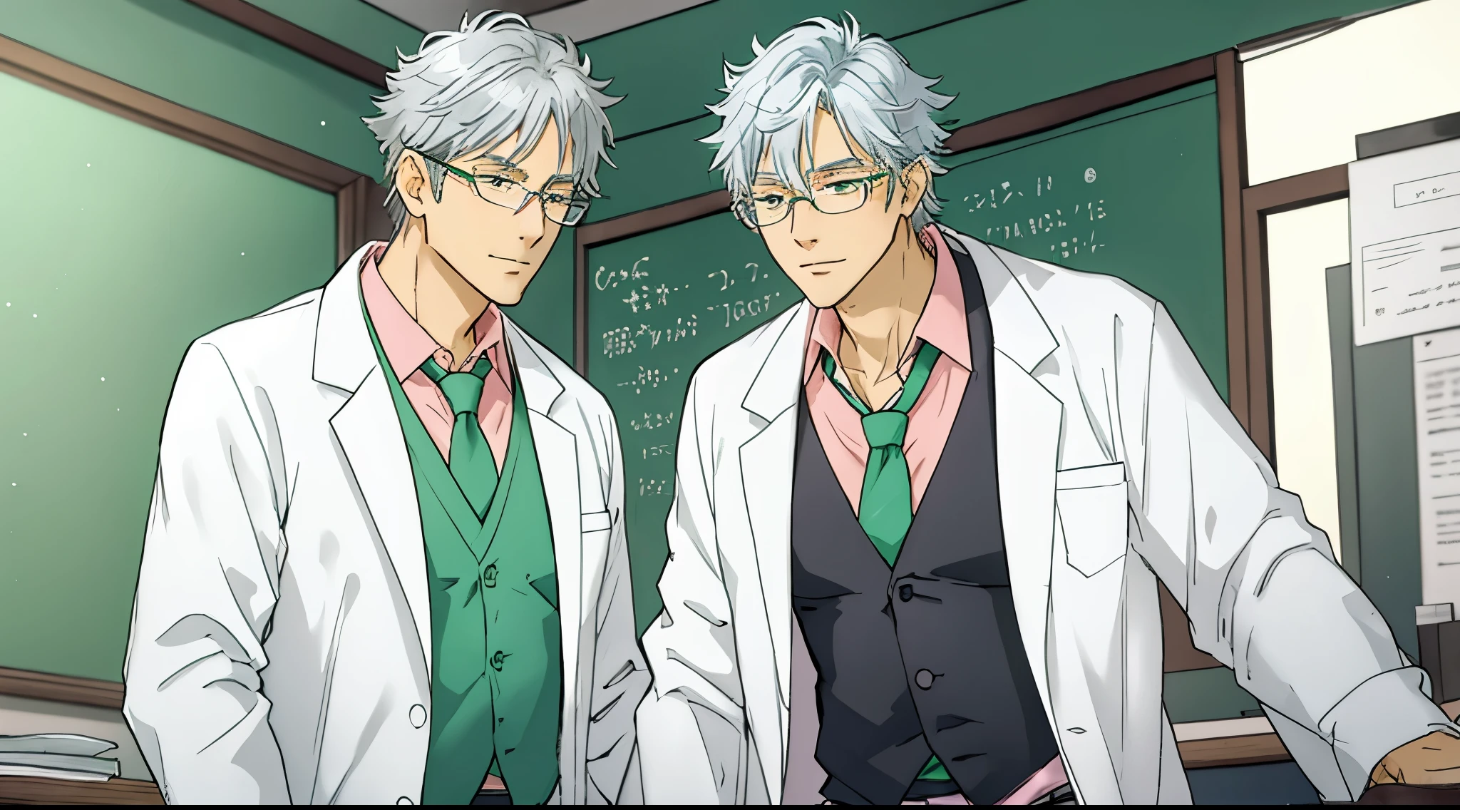 a teacher with a gray hair, he is wearing medical glasses, a lab coat, a green tie and a pink shirt
