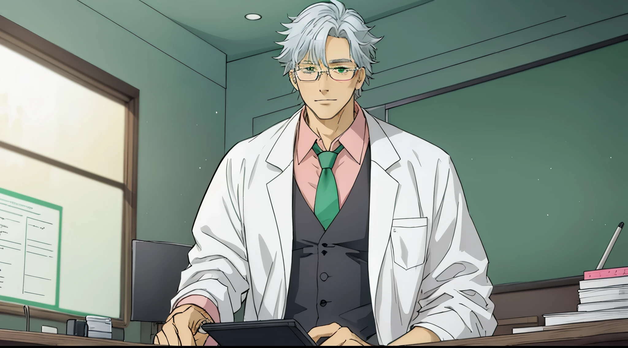 a teacher with a gray hair, he is wearing medical glasses, a lab coat, a green tie and a pink shirt