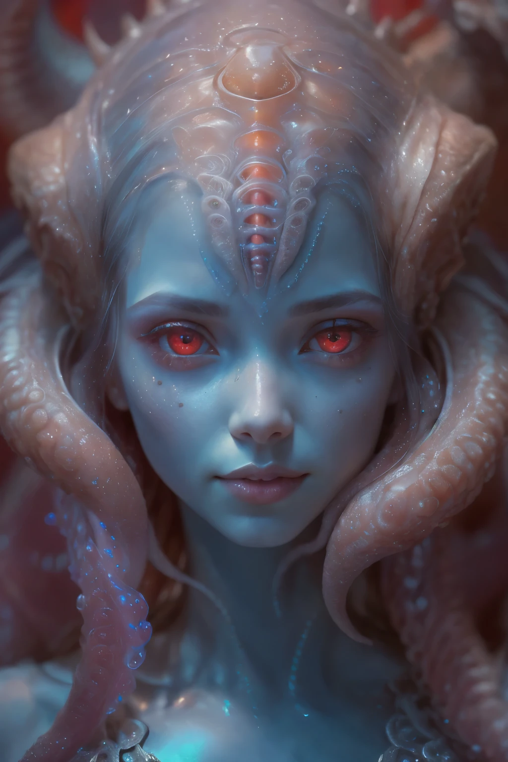 Portrait, (beautiful female alien:1.2), (she has red eyes with no pupils:1.8), (Translucent skin:1.7), (There is a female genital-like organ in the middle of the forehead:1.9), (The most beautiful face in the history of the universe:1.2),an evil gaze that seduces, (large mouth:1.1), (sharp teeth like a vampire:1.2), Full body like, (bio luminescent:1.5), (Smile wickedly:1.3), (sexypose:1.5), alien, No humans, cells are fused, (Lots of translucent tentacles:1.3) extraterrestrial, cell, bio image, Best Quality, 8K,4K_quality, High Definition, Dramatic Lighting, masutepiece:1.5,cinematic quality, detail up, (Intricate details:1.2), High resolution, High Definition, drawing faithfully, (Thick eyebrows:1.2), Beautiful eyes with fine symmetry,(Highly detailed face and eyes:1.2), Intimate face, (Super detailed skin quality feeling:1.4), Perfect Anatomy, (Beautiful toned body:1.5), (Moist skin:1.2), No makeup, (dark circles:1.1), long canines, cinematic drawing of characters, ultra high quality model, cinematic quality, detail up, (Intricate details:1.2), High resolution, High Definition, drawing faithfully, Official art, Unity 8K wall , 8K Portrait, Best Quality, Very High resolution, ultra detailed artistic photography, midnight aura, unreal enginee 5, Ultra Sharp Focus, art by alberto seveso, ArtGerm, Roisch, intricate artwork, best quality, masutepiece, ultra High resolution, (photos realistic:1.4), Ultra-realistic realism, dream-like, nautilus, Creation of fantasy, Snail, Dream Snail, biopunk nautilus, Thrilling color schemes, Ultra-realistic realism, seductively smiling, Blue tentacles,