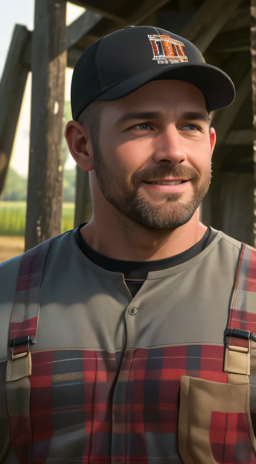 An award-winning original photo，A wild muscular man, (40 years old daddy:1.1), 1boy, Solo, (wearing red plaid overall), (big shoulders), musculature, stubbles, Short beard, Beautiful eyes:1.3, ), (Detailed face:1.3), (baseball cap), smiles, Dynamic Angle, volumetric lighting, (Best quality, A high resolution, Photorealistic), Cinematic lighting, Masterpiece, RAW photo, Intricate details, hdr, depth of field, paddyfield in the background, from below, golden sunshine