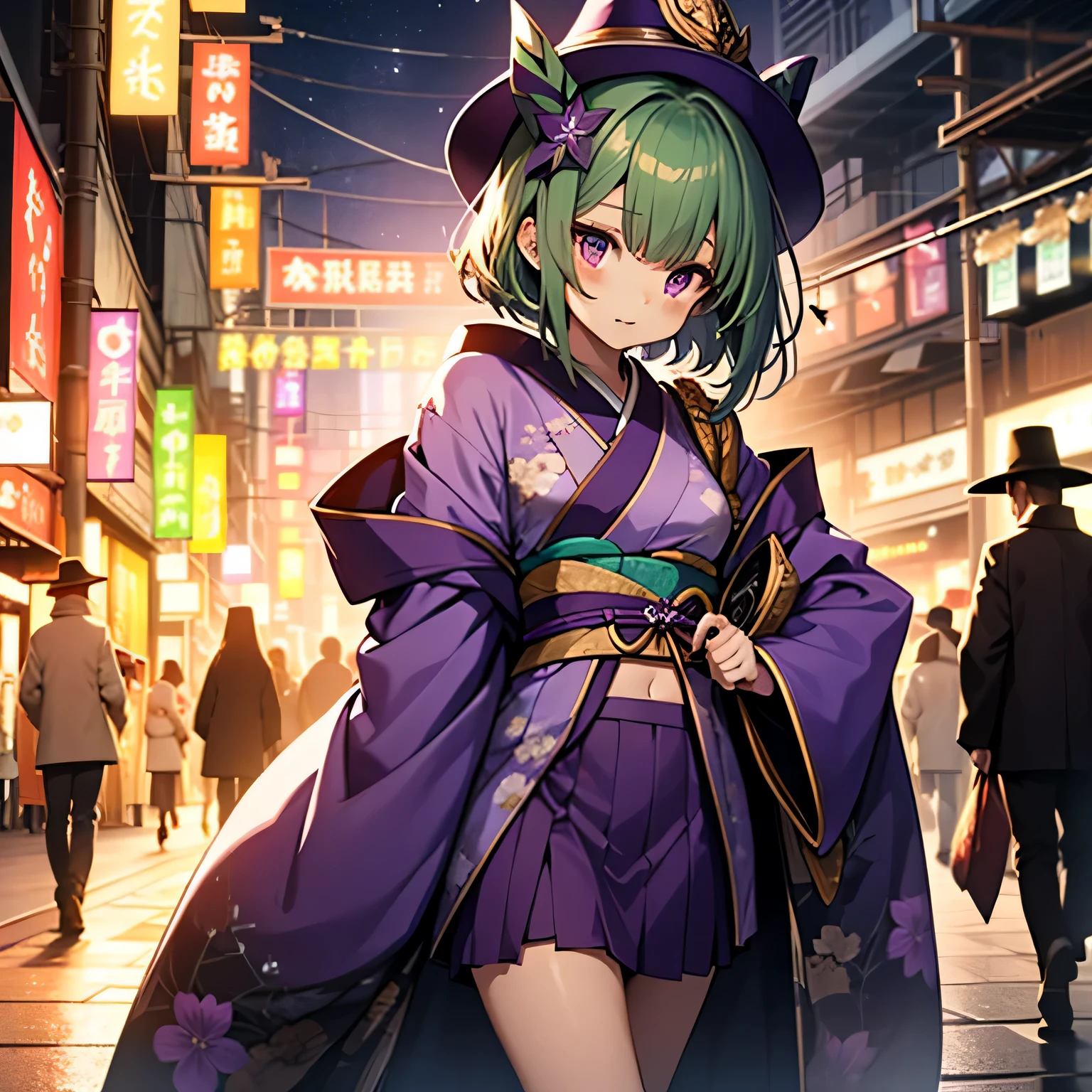 top-quality、extremely delicate and beautiful、(A teenage girl)、Purple Eye、Green hair、small tits、short-haired、(Purple pointy hat)、Soio、kimono outfit、Kimono、shortsleeves、Purple skirt、Purple Wizard Robe、Navel、is standing、new years eve