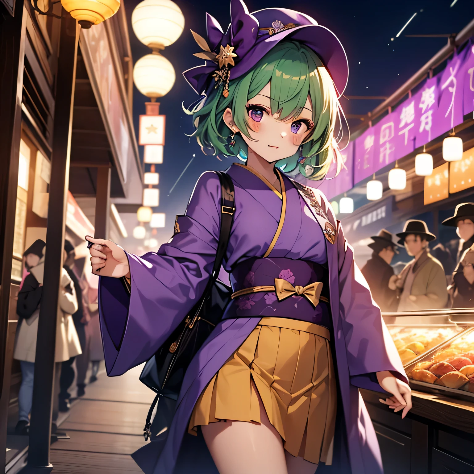 top-quality、extremely delicate and beautiful、(A teenage girl)、Purple Eye、Green hair、small tits、short-haired、(Purple pointy hat)、Soio、kimono outfit、Kimono、shortsleeves、Purple skirt、Purple Wizard Robe、Navel、is standing、new years eve