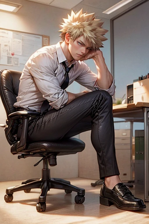 Masterpiece, Excellent, (Office: 1.5), CG drawing with super high detail, handsome, cold face, expressionless,, (Bakugou Katsuki with blonde hair, white shirt, black tie, black pants, leather shoes),, Inside the president's office, luxurious, sitting on a chair, facing the audience, illustrations