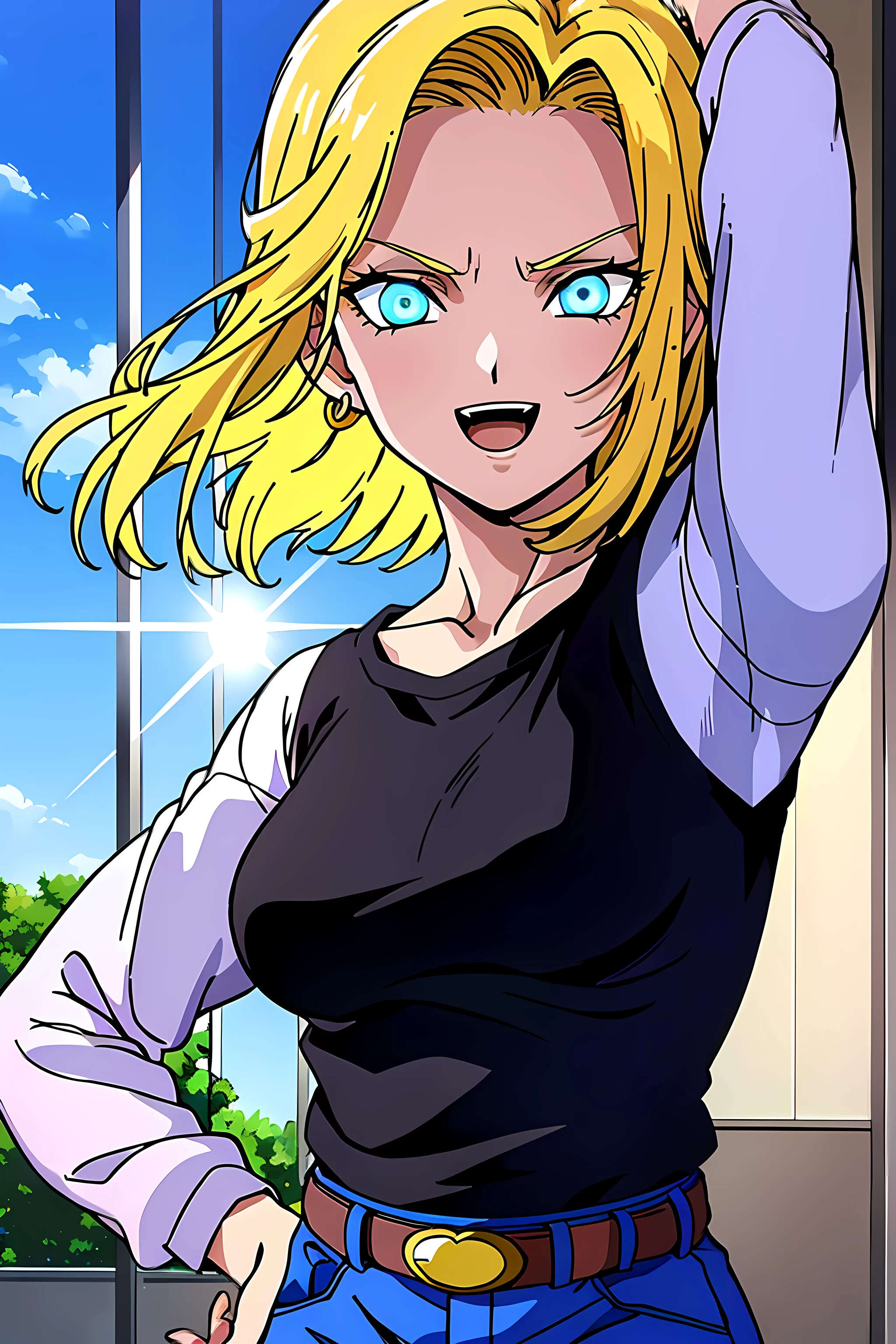 (top-quality:1.3), (masterpiece:1.4),(Anatomically correct), (Full limbs),(complete fingers),(Precise fingertip detail),(8K),Photorealista, (Best Quality), (Super Detail),(90s Anime, 9 0s Anime, 9 0 s anime style,anime cels, cel shaded anime),1girll, Android 18, Belt bag, put hands on the hip, Looking at Viewer, denim, White background, black Shirt, Short hair, denim Skirt, Solo, Skirt, Blonde hair, brown Belt bag, Blue eyes, striped sleeves, Closed mouth, Shirt, 1girl in, earring background, Jewelry, pantyhose, Long sleeves, Killer Eye, Psychotic eye,(Oil Painting,Hyper-realistic), (Detailed muscles and hair), (intensegaze),(dark backgrounds, contrasted colors), (Soft lighting in gold tones),((irate狂う)), Color Theme Red, Dramatic light, Violence Everywhere, Bloody destruction of corpses in the background, Dark and blurry background, (joyous expression:1.52), (Raging Eyes:1.24), (Blue glowing eyes:1.17), Mental breakdown, intimidation, Ways to harm, (irate:1.1), revenge, irate狂う, destruction, murder, Maniacal, eyes focus,(Masterfully crafted Glow,Sky Blue Lens Flare:1.7), (Cinematic background), Hyper-detailing, (delicate detail), (intricate detailes), octane renderings, nffsw, (Hyper-detailing:1.15), (softlight:1.2), 1girl in, beautiful a girl, ultradetailed eyes, Mature, Plump, A thick, Rainbow Paint Drop,(super model:1.Not a teardrop, Woman made up of paint, entirely paint, Splat, Splash, indoor shining hair:1.1)、(radiant eyes)、((make - up))、(Cinematic Masterpiece)、intensely、Powerful、splashes of colour absolutely eye-catching、(Cinematic headlight)、((coustics))、dynamic ungle、beautiful detailed brilliance、Ambient Occlusion、ambient lights、ray trace reflection、(The best lighting、extremely delicate and beautiful)、((ciinematic light))、