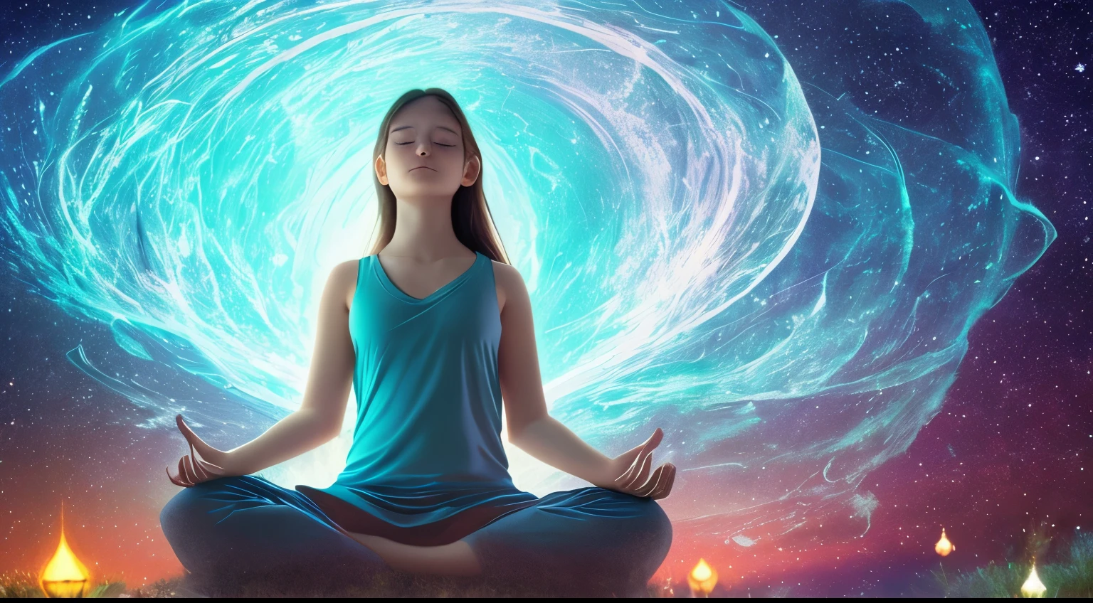 Girl closes her eyes and meditates, 3D world, universe, potentiality, horizontal format, glittering, fantastical, mystical, spiritual