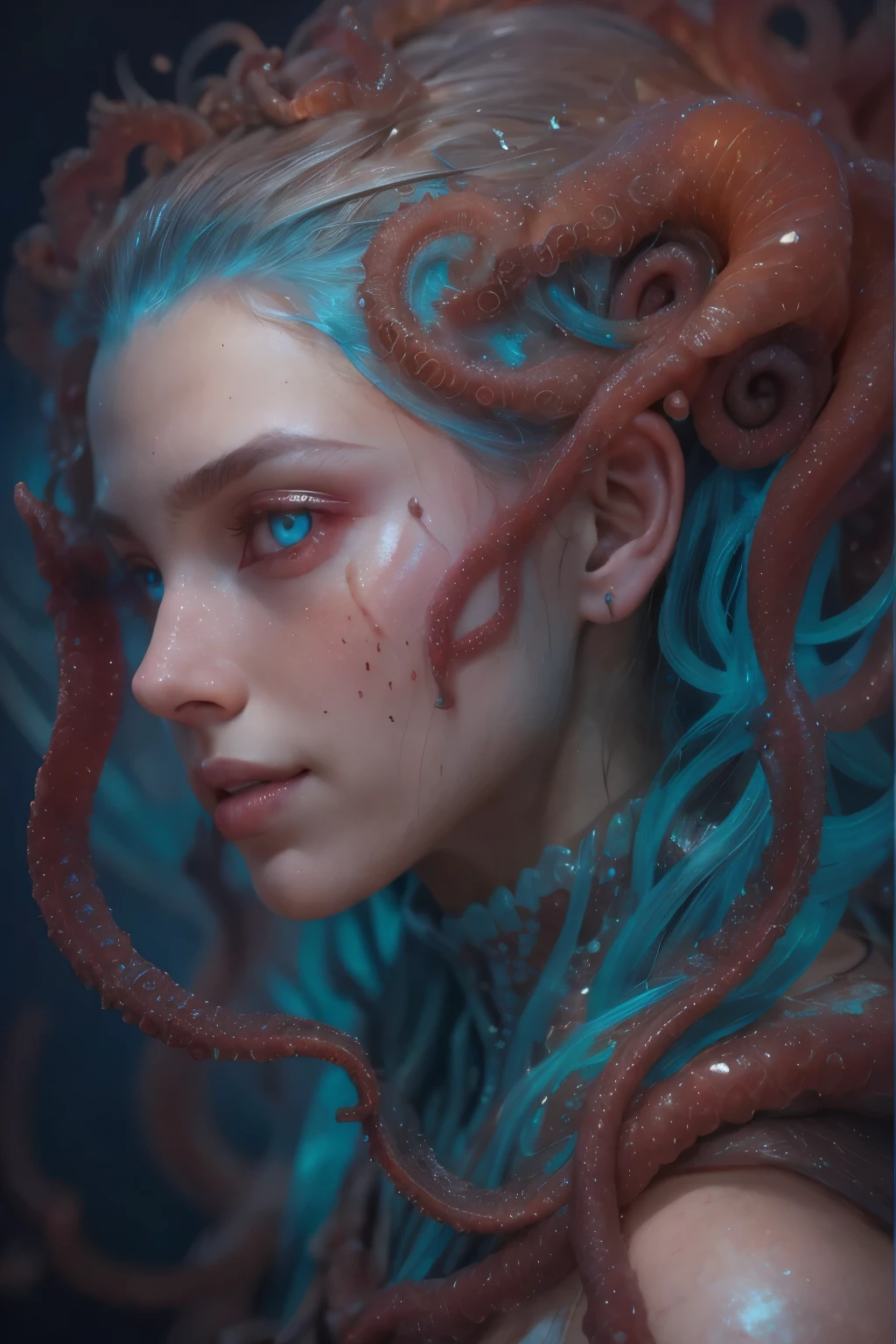 Portrait, (beautiful female alien:1.2), (she has red eyes with no pupils:1.8), (Translucent skin:1.7), (There is a female genital-like organ in the middle of the forehead:1.9), (The most beautiful face in the history of the universe:1.2),an evil gaze that seduces, (large mouth:1.1), (sharp teeth like a vampire:1.2), Full body like, (bio luminescent:1.5), (Smile wickedly:1.3), (sexypose:1.5), alien, No humans, cells are fused, (Lots of translucent tentacles:1.3) extraterrestrial, cell, bio image, Best Quality, 8K,4K_quality, High Definition, Dramatic Lighting, masutepiece:1.5,cinematic quality, detail up, (Intricate details:1.2), High resolution, High Definition, drawing faithfully, (Thick eyebrows:1.2), Beautiful eyes with fine symmetry,(Highly detailed face and eyes:1.2), Intimate face, (Super detailed skin quality feeling:1.4), Perfect Anatomy, (Beautiful toned body:1.5), (Moist skin:1.2), No makeup, (dark circles:1.1), long canines, cinematic drawing of characters, ultra high quality model, cinematic quality, detail up, (Intricate details:1.2), High resolution, High Definition, drawing faithfully, Official art, Unity 8K wall , 8K Portrait, Best Quality, Very High resolution, ultra detailed artistic photography, midnight aura, unreal enginee 5, Ultra Sharp Focus, art by alberto seveso, ArtGerm, Roisch, intricate artwork, best quality, masutepiece, ultra High resolution, (photos realistic:1.4), Ultra-realistic realism, dream-like, nautilus, Creation of fantasy, Snail, Dream Snail, biopunk nautilus, Thrilling color schemes, Ultra-realistic realism, seductively smiling, Blue tentacles,