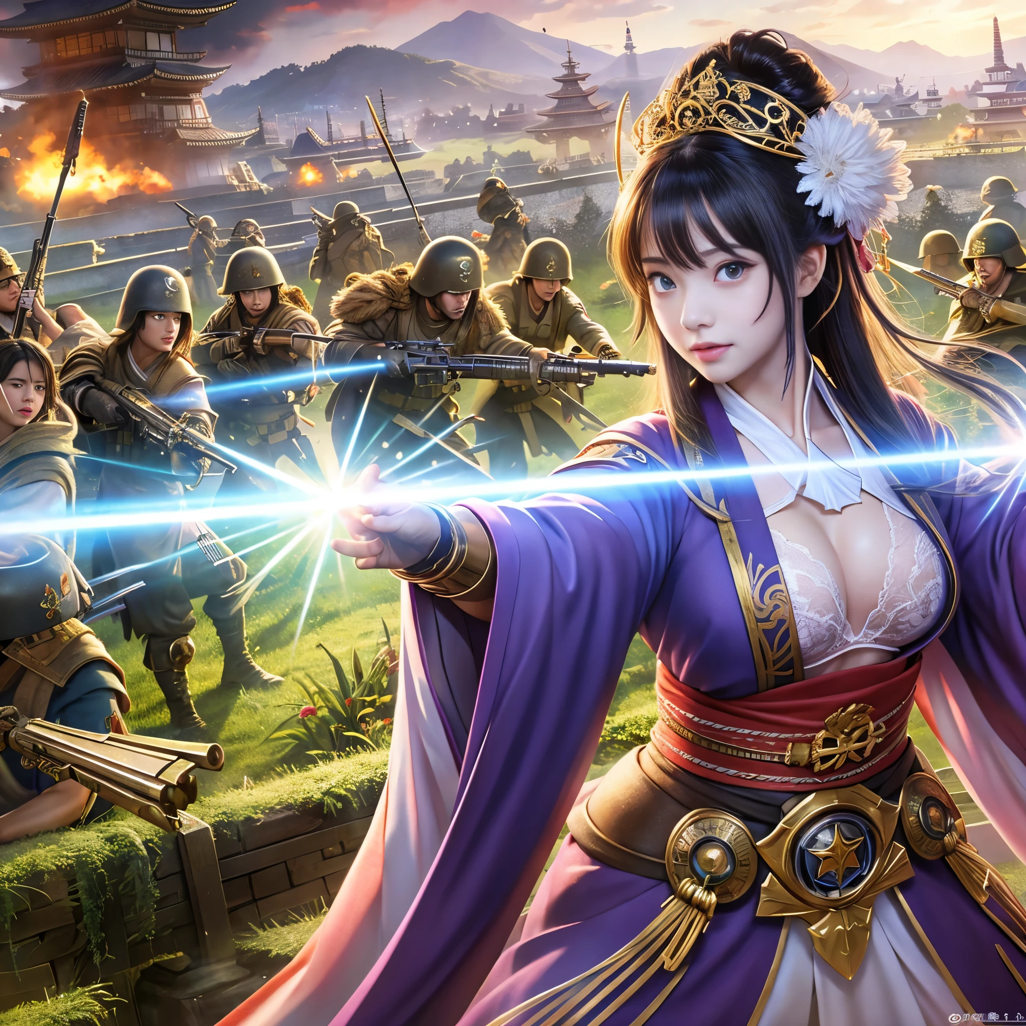 (Raw photo:1.2), (Photorealistic), Beautiful detailed girl, Very detailed eyes and face, Beautiful detailed eyes, Huge file size, High resolution, Very detailed, Best Quality, [masutepiece:1.6], Illustration, Very detailed, Fine detail, Best Quality, 8K Wallpaper, Movie Lighting, 1girl in, japanes, 15 year old princess, Take the initiative to head to the battlefield, Attacks by emitting a ray-like beam from its hands., Underwear, No top, Her kimono is peeling off and her white bra is visible., army of soldiers in the back, Princess Hair Ornament, Japanese castle towering in the background, tiny chest, Young Face, Immature body