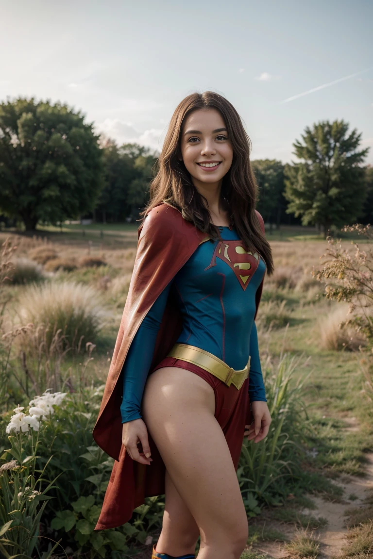 photos D' : cute brunette, tall and slim. she wears a red supergirl costume. She wear a long red cape. she is standing ,we can see her entirely. she smiles. she is outside in the middle of a field of green grasses The sky is blue.
