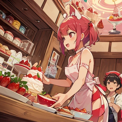 Half-naked pastry chef covered in jumping strawberry parfait ramen、Amazing dynamism、Amazing Angle、Unstable buoyancy sandstorm、Many friendly strawberries come close and chase each other.。surround each other&#39;strawberry、in group photograph、crowd strawberry