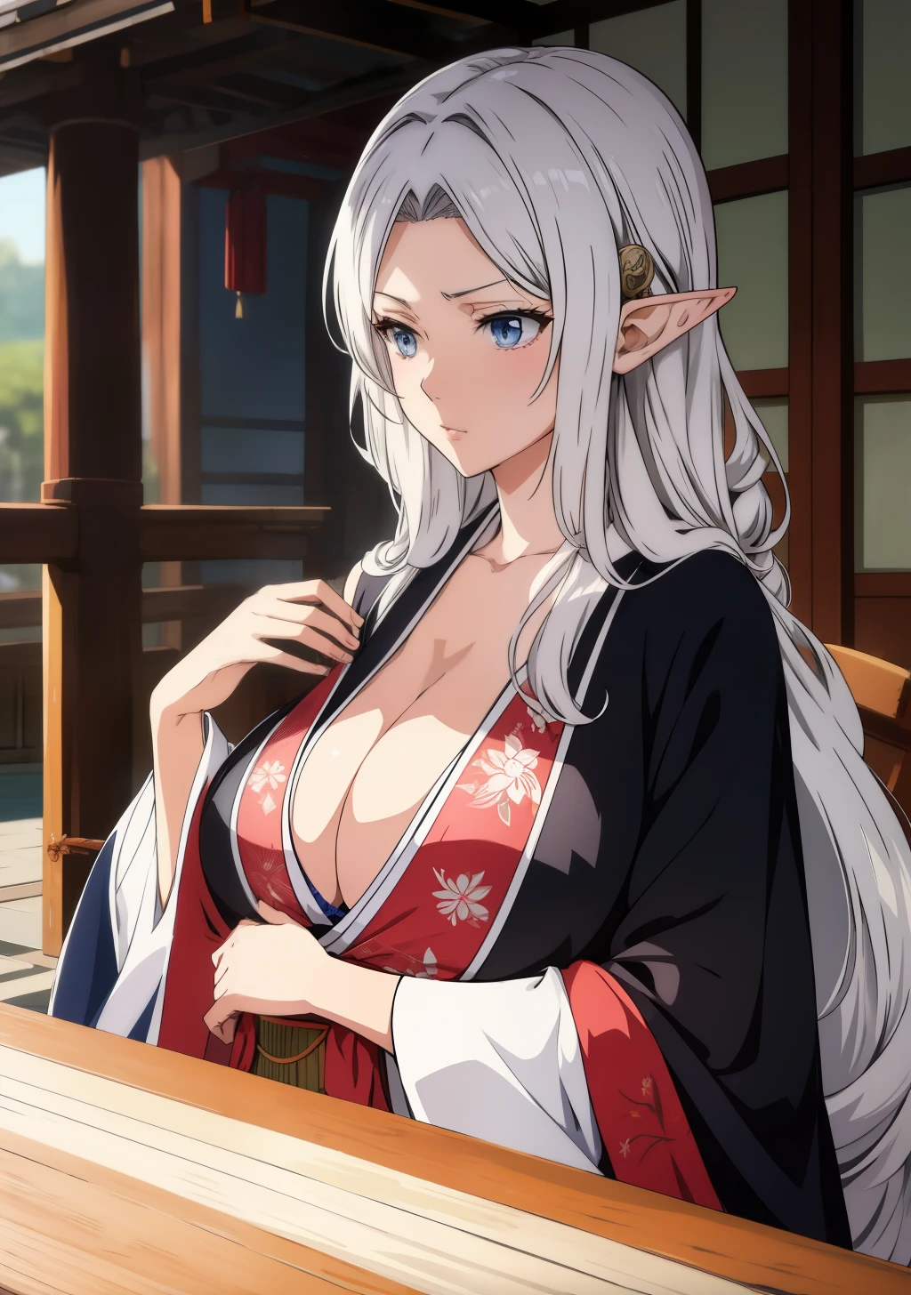 Kimono, huge tits, busty, silver hair, elf ears,  blue eyes, long hair,  detailed, masterpiece, best quality, 4K, HDR, shrine, upperbody, emotionless