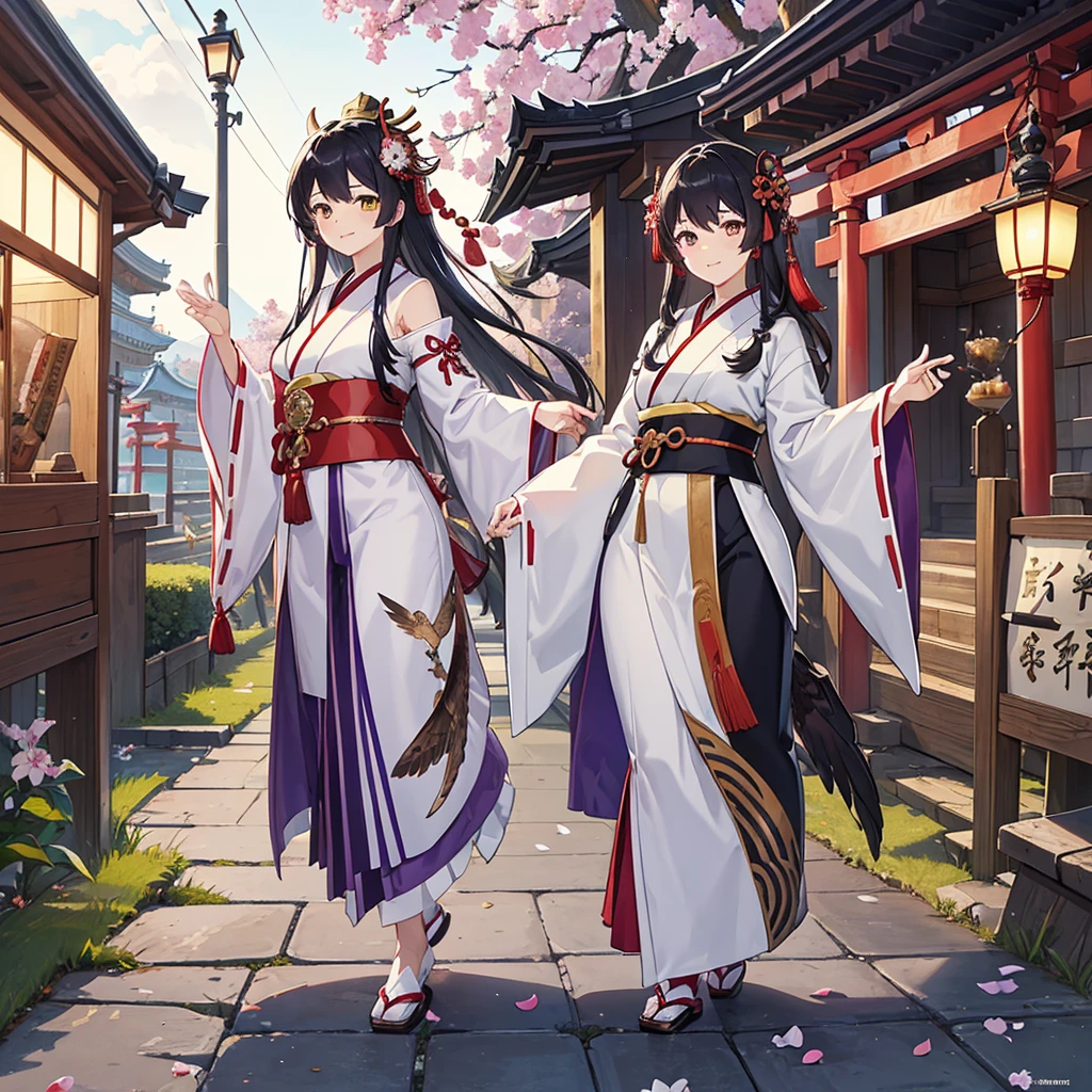 (The first number is Fuji, the second is a hawk, and the third is an eggplant, all of which display New Year's congratulations:1.6),
Facing forward, Main subjects: Rising dragon and shrine maiden, Bright lighting, Sub subjects: Dancing shrine maidens, Character nationality: Japanese, Character pose: Performing a dance, Character features: Beautiful, Character expression: Joyful and blessed, Character hairstyle: Traditional shrine maiden hairstyle, Character hair color: Black, Character outfit: Traditional shrine maiden attire, Character eyes: Elegant gaze, Character mouth: Smiling, Character eye color: Brown, Character skin texture: Smooth skin, Character skin exposure: Modest exposure, Character bust size: Natural size, Character age: Young, Character body type: Graceful, Character sexuality: Gentle charm, Character accessories: Sacred accessories, Character items: Holding a dance fan, Character footwear: Traditional shrine maiden's sandals, Character embroidery: Delicate embroidery, Surrounding animals/pets: Calm dragon, Location: Shrine precincts, Background: New Year's atmosphere, Background effects: Petals swirling in the air, Background buildings/structures: Traditional shrine, Background natural elements: Blue sky and plum blossoms, Weather: Clear, Time of day: Day, Atmosphere: Sacred and celebratory, (The background is rich and delicate:1.3)