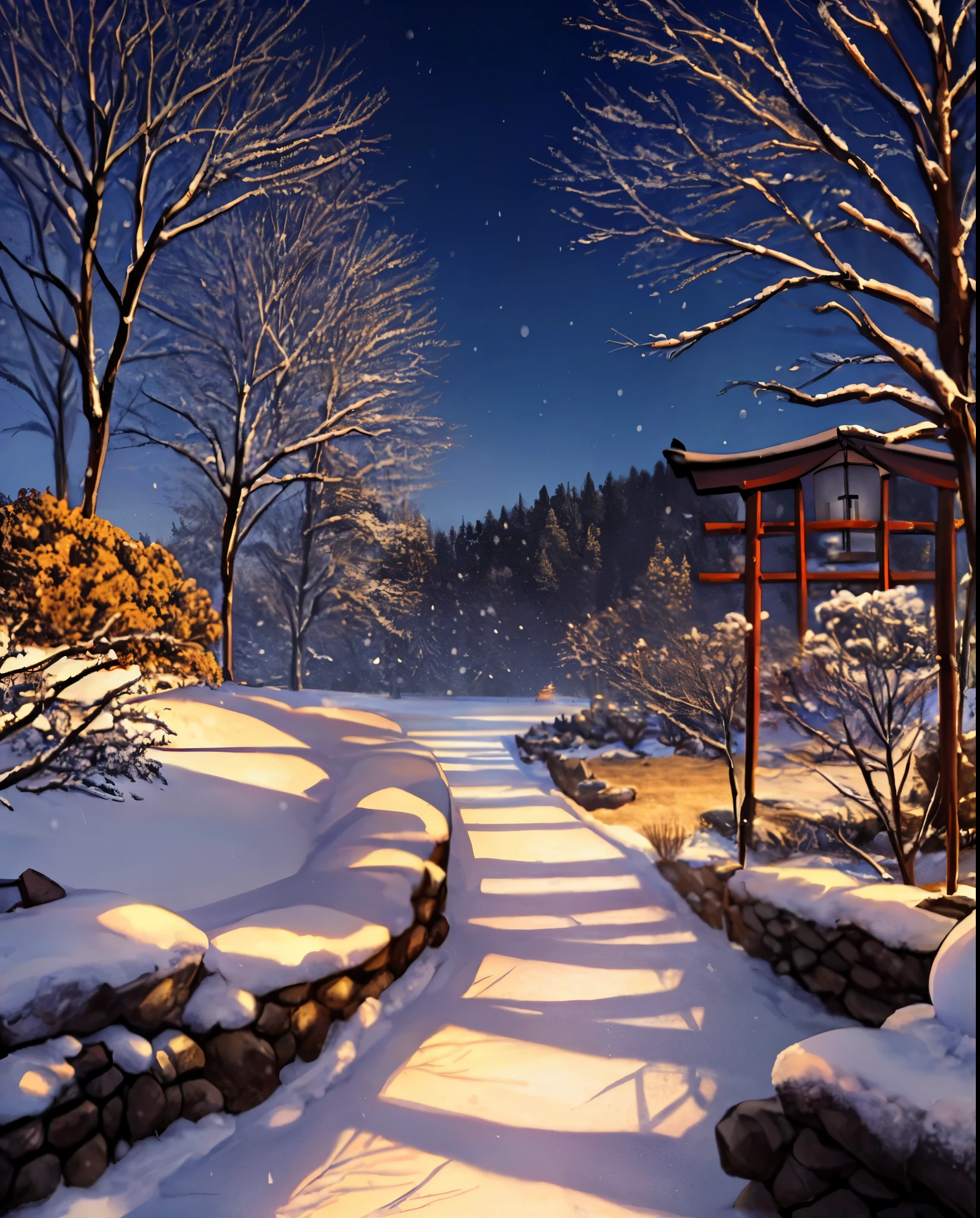 Snowy path leading to the Japanese garden tower, Beautiful detailed scenes, landscape artwork, beautiful winter area, inspired by Torii Kiyomoto, beautiful anime scenery, immensely detailed scene, 美しいsnowscape, snowscape, Winter Scene Fantasy, 3 d virtual landscape painting, warm beautiful scene, beautiful anime scene, Snowy landscape, background artwork
