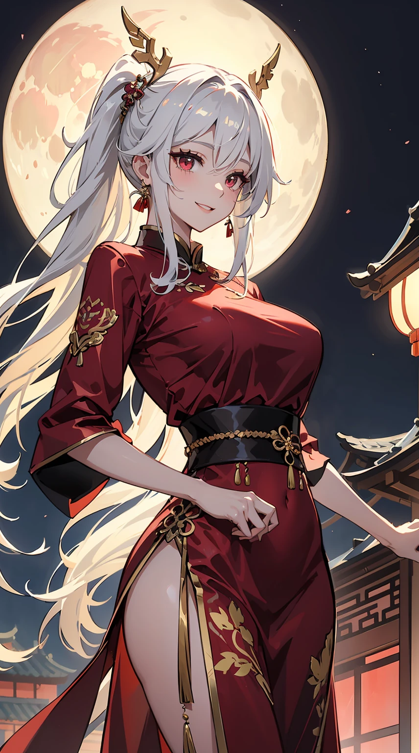 Roro Jonggrang is a legendary figure from Japanese folklore who is renowned for her exceptional beauty, alluring face and cute look. According to tradition, she is said to have possessed a multicolored hair, long white hair with red hair strands and enchanting red eyes. She is always wearing chinese traditional dress, which is wearing chinese long dress with dragon pattern, jewelry, gems, accessories, ornaments and wraps around her body perfectly. Roro Jonggrang's appearance is often likened to that of a goddess, with delicate features and a regal presence that immediately commands respect. Her beauty is celebrated across Indonesia and has inspired countless works of art throughout the centuries. 1 girl, solo, solo focus, focus, medium shot, absurdres, high-res, ultra-detailed, white hair, red hair strands, front view, from front, solo, long ponytail, huge breasts, hair ornaments, accessories, embarrassing, blushing, smiling, lunar, new year background, lunar new year background, lantern, night market background, expert shading, extreme light effects, bloom, glare, fireworks, dragon