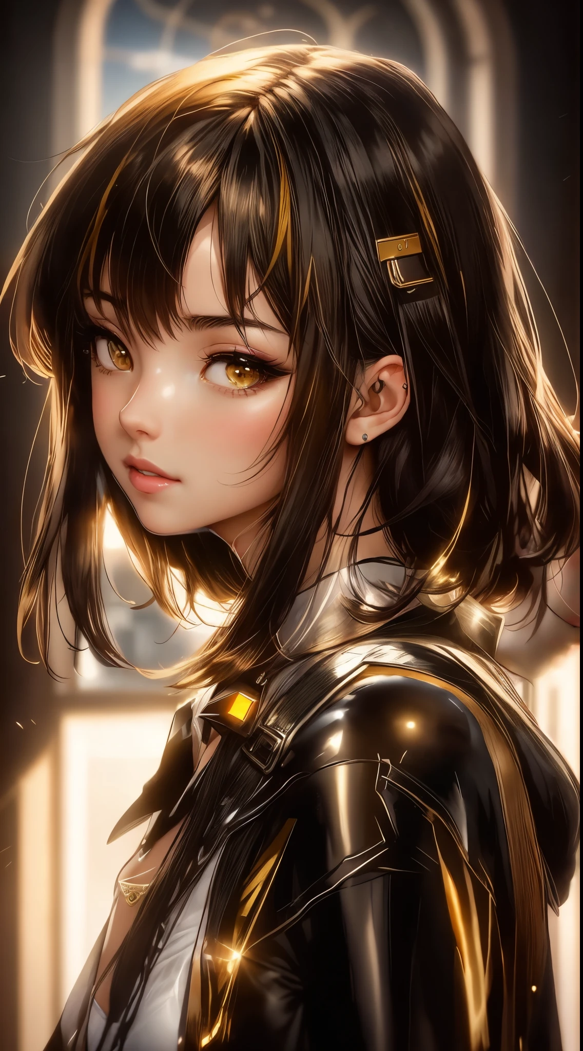 arafed image of a sexy posing together in a window, seductive tifa lockhart portrait, tifa, tifa lockhart, tifa lockheart, tifa lockhart portrait, glamorous tifa lockheart, portrait of tifa lockhart, tifa lockhart with Black and gold hair, range murata and artgerm, 8k high quality detailed art