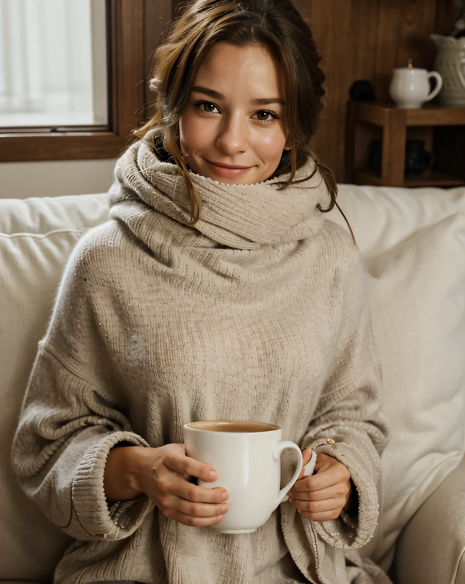 Lea Brandhuber wrapped up snugly in a blanket. wearing a cashmere sweater. holding a cup of tea. happy expression on her face .