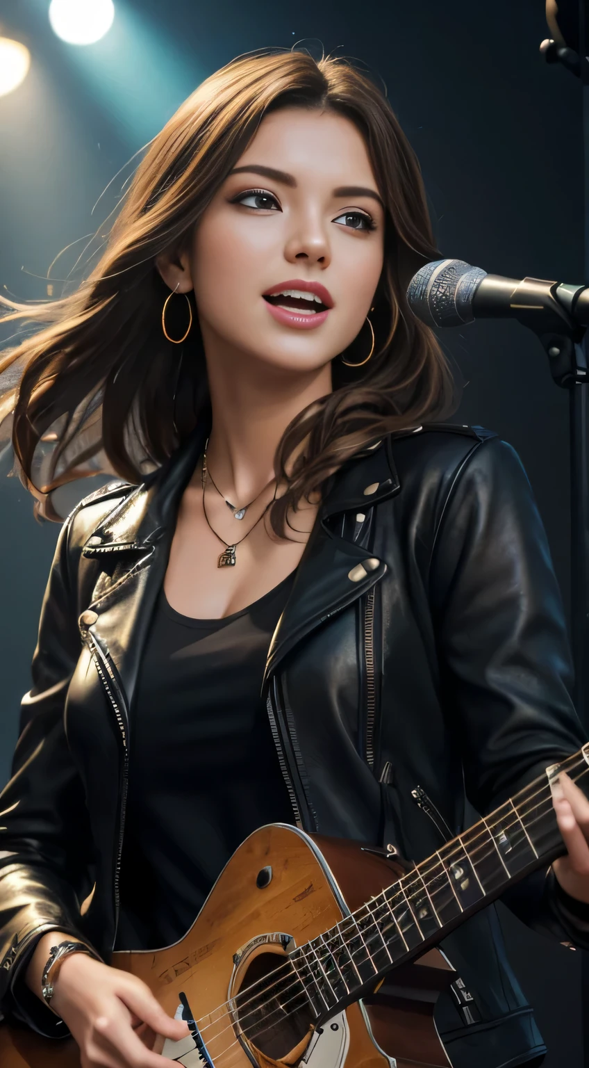 (Masterpiece:1.3, Best quality, Photorealistic, Ultra-detailed, finely detailed, high resolution, 8K wallpaper), 1 beautiful girl, Lead singer of the band group, In a leather jacket, Sing with an electric guitar, standing microphones, Mouth open, Beautiful face, Detailed face, Beautiful eyes, Detailed eyes, Smiling, Earrings, necklace, Detailed guitar, (Straight guitar neck and strings), Medium length light brown hair, be on stage, spotlight, Look at the viewer