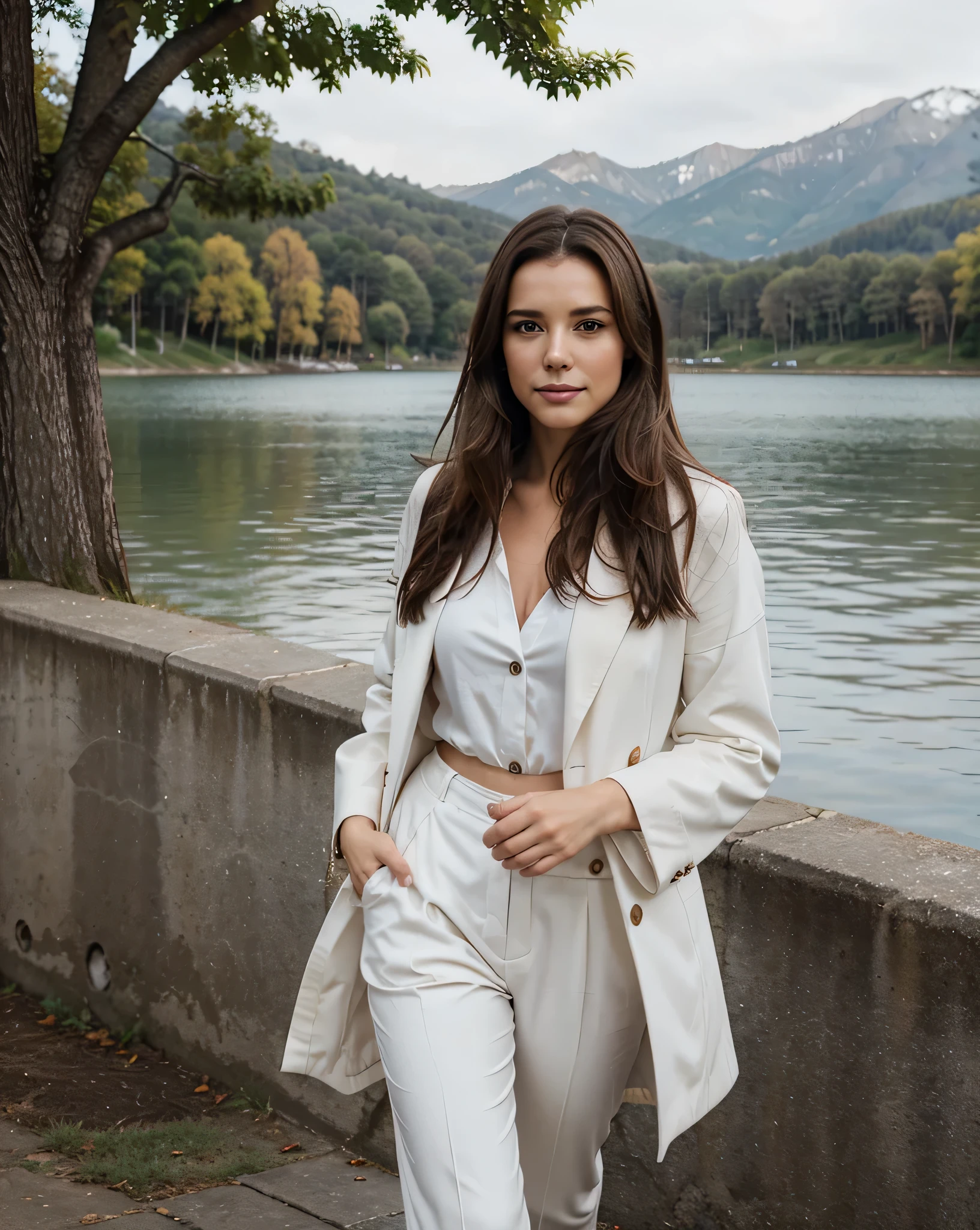 Lea Brandhuber with long, dark brown hair and a contemplative expression goes for a walk. Enjoying the sun. Cluseup shot of the face. Beautiful makeup. Cute smile. A lake in the background. She wears a chic white coat with large black buttons, half-open to reveal a simple black dress underneath and trousers.The style should be modern and elegant, with a touch of luxury.